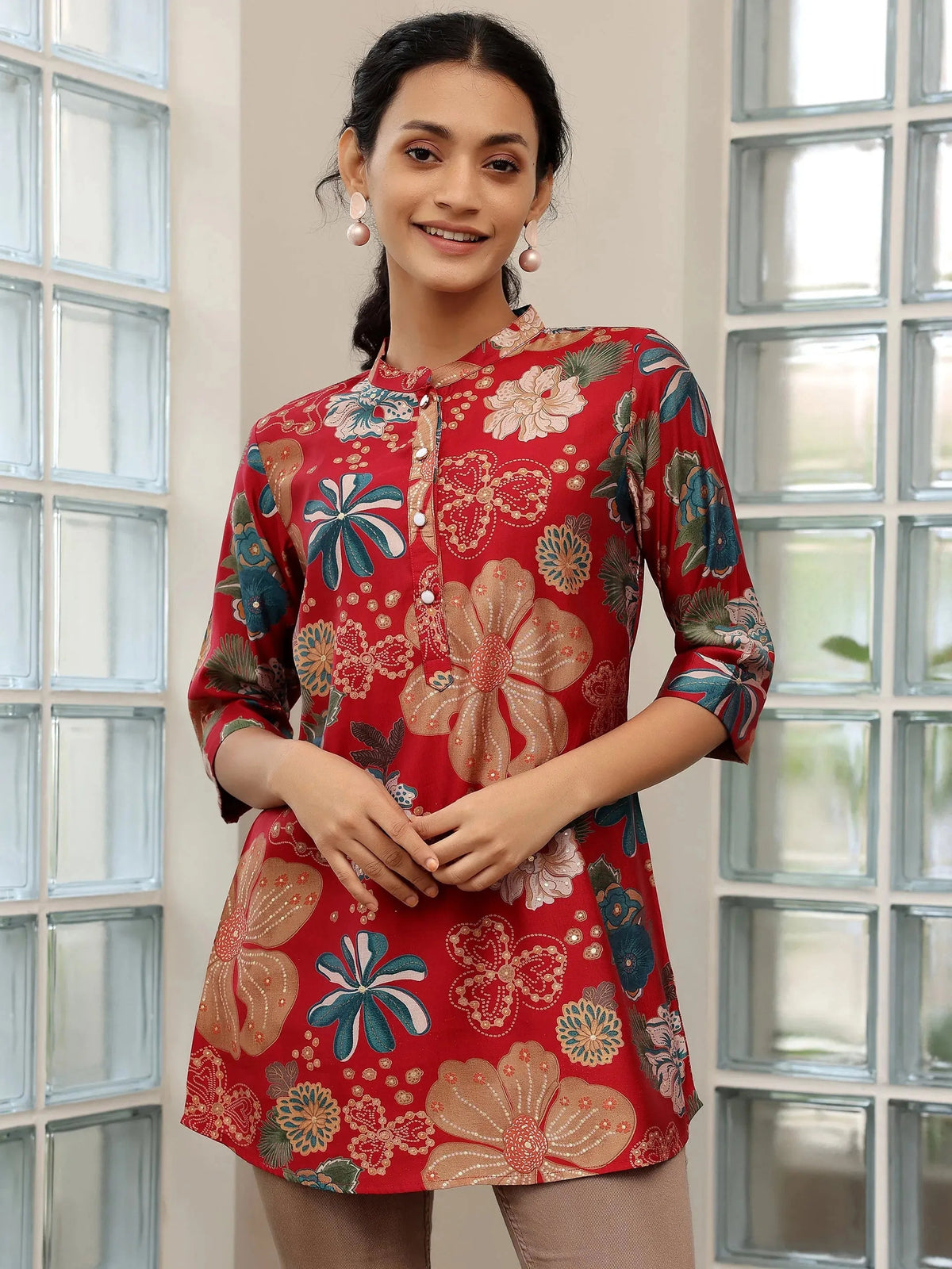 Anouk Pink Printed Silk Blend Straight Kurti