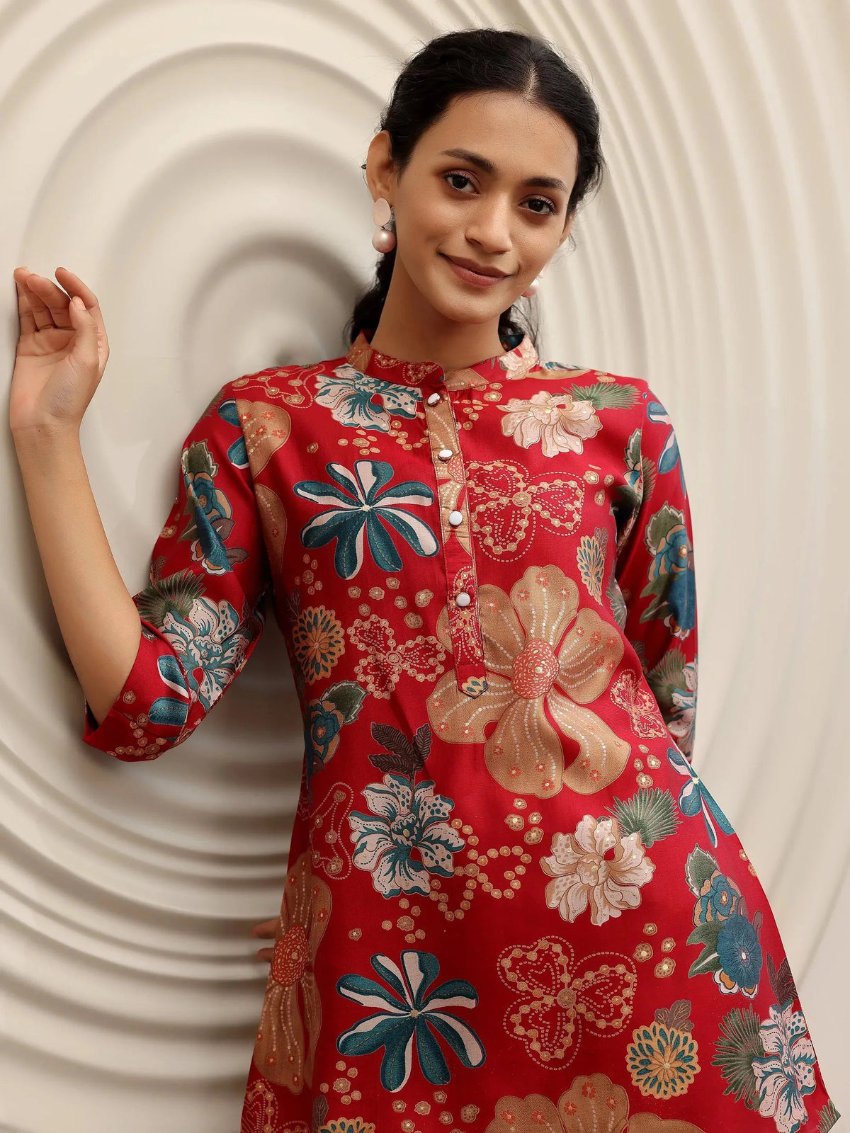 Anouk Pink Printed Silk Blend Straight Kurti