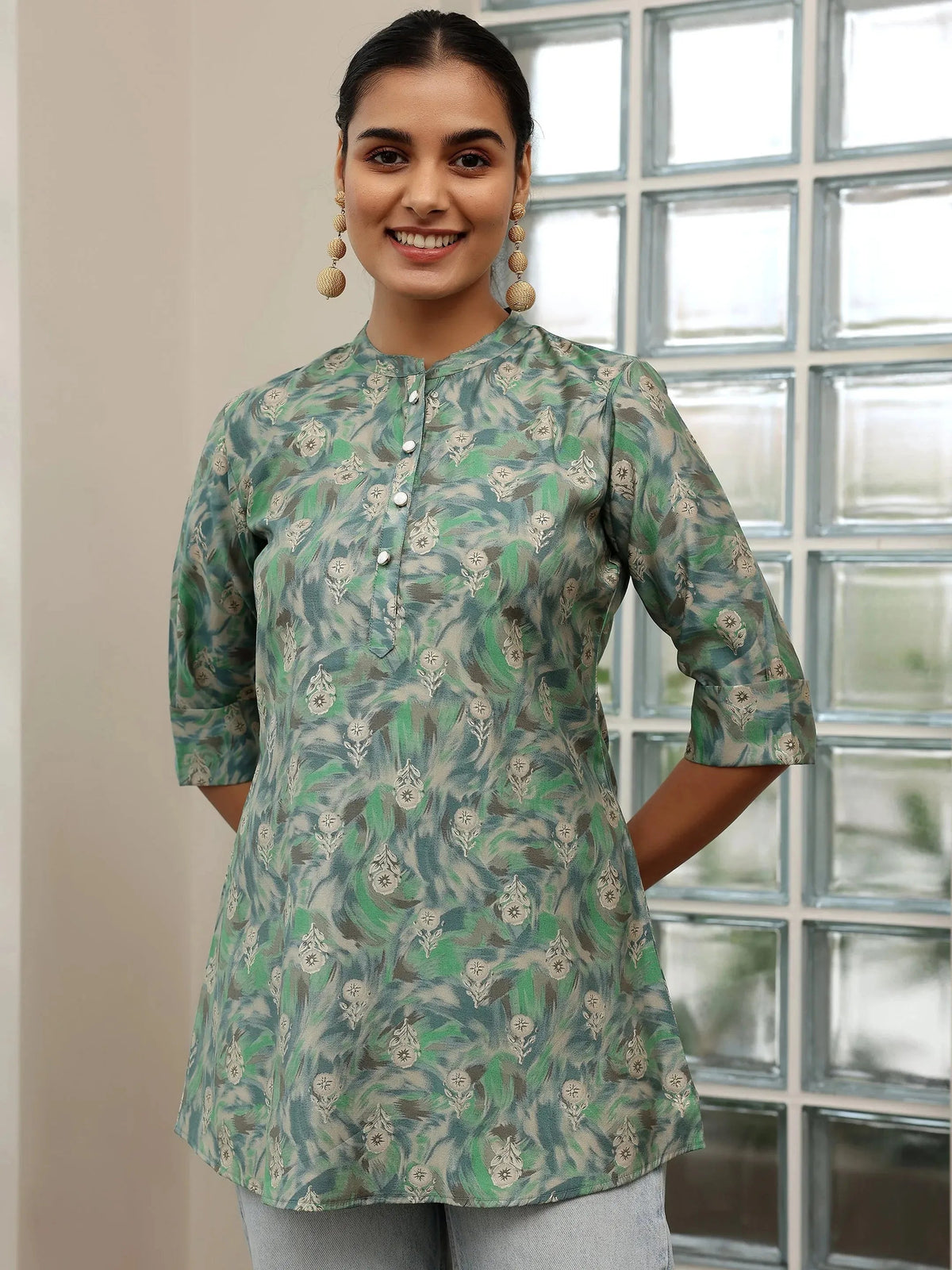 Anouk Green Printed Silk Blend Straight Kurti