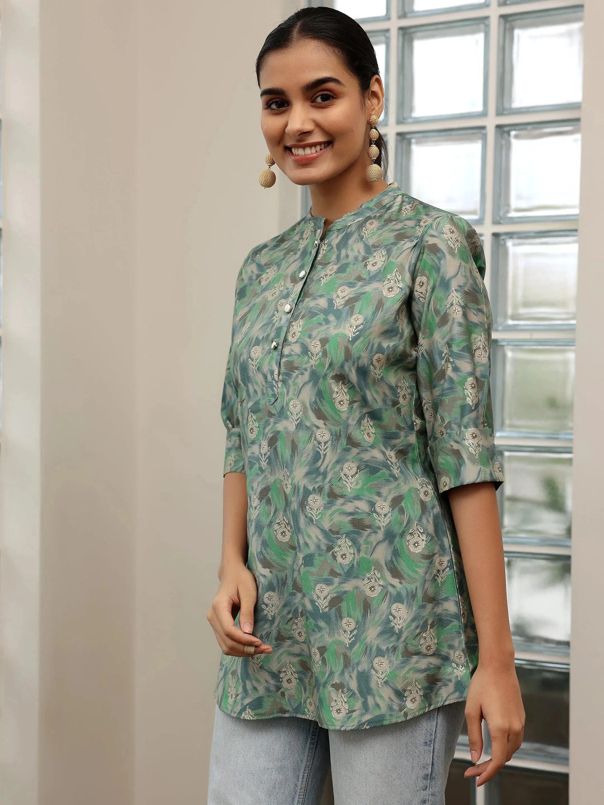 Anouk Green Printed Silk Blend Straight Kurti