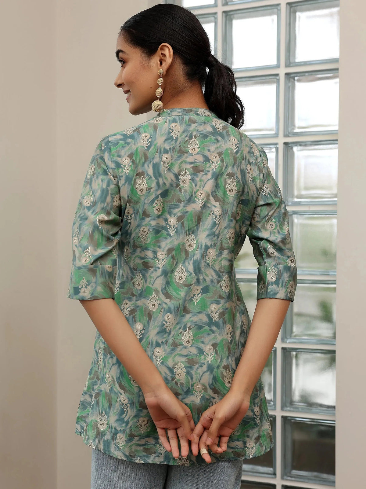 Anouk Green Printed Silk Blend Straight Kurti