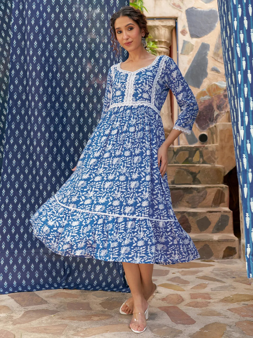 Anouk Indigo Printed Rayon Fit and Flare Dress