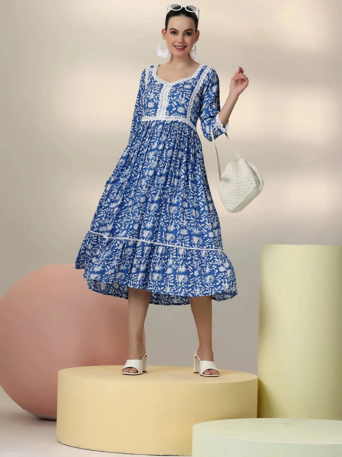 Anouk Indigo Printed Rayon Fit and Flare Dress