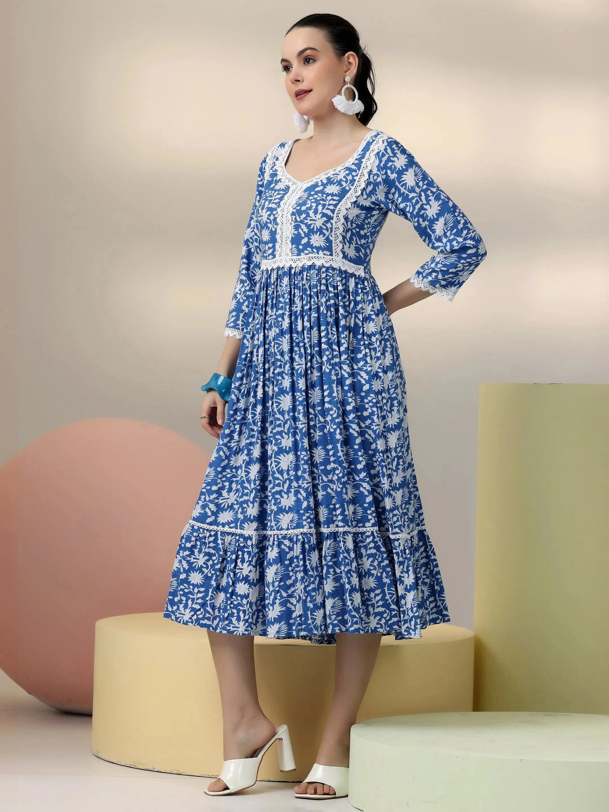 Anouk Indigo Printed Rayon Fit and Flare Dress
