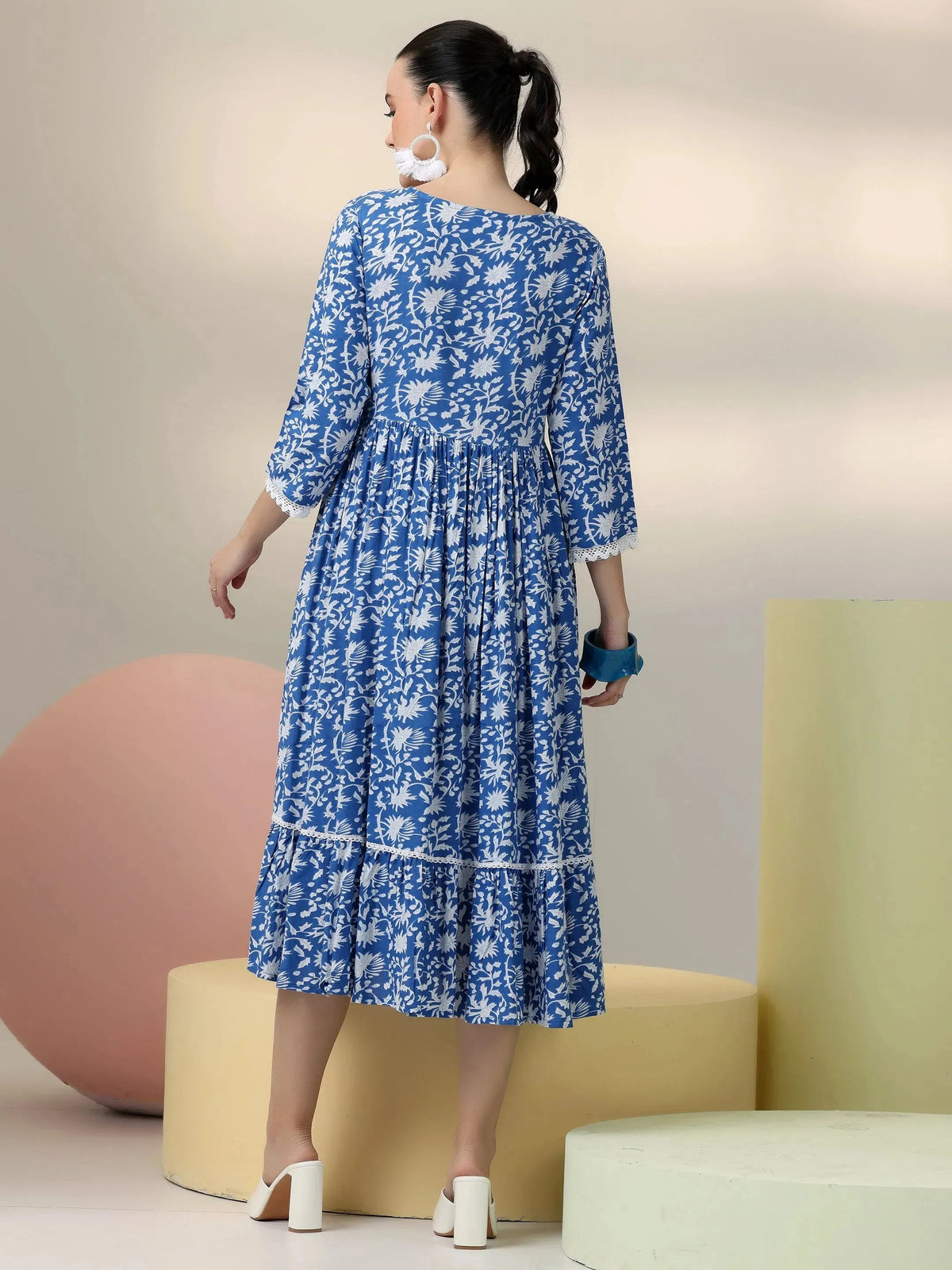 Anouk Indigo Printed Rayon Fit and Flare Dress