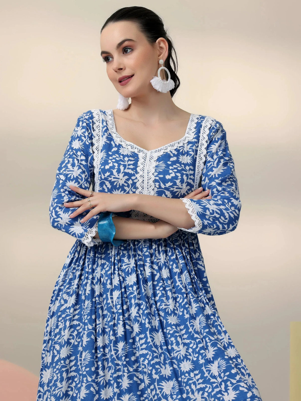 Anouk Indigo Printed Rayon Fit and Flare Dress