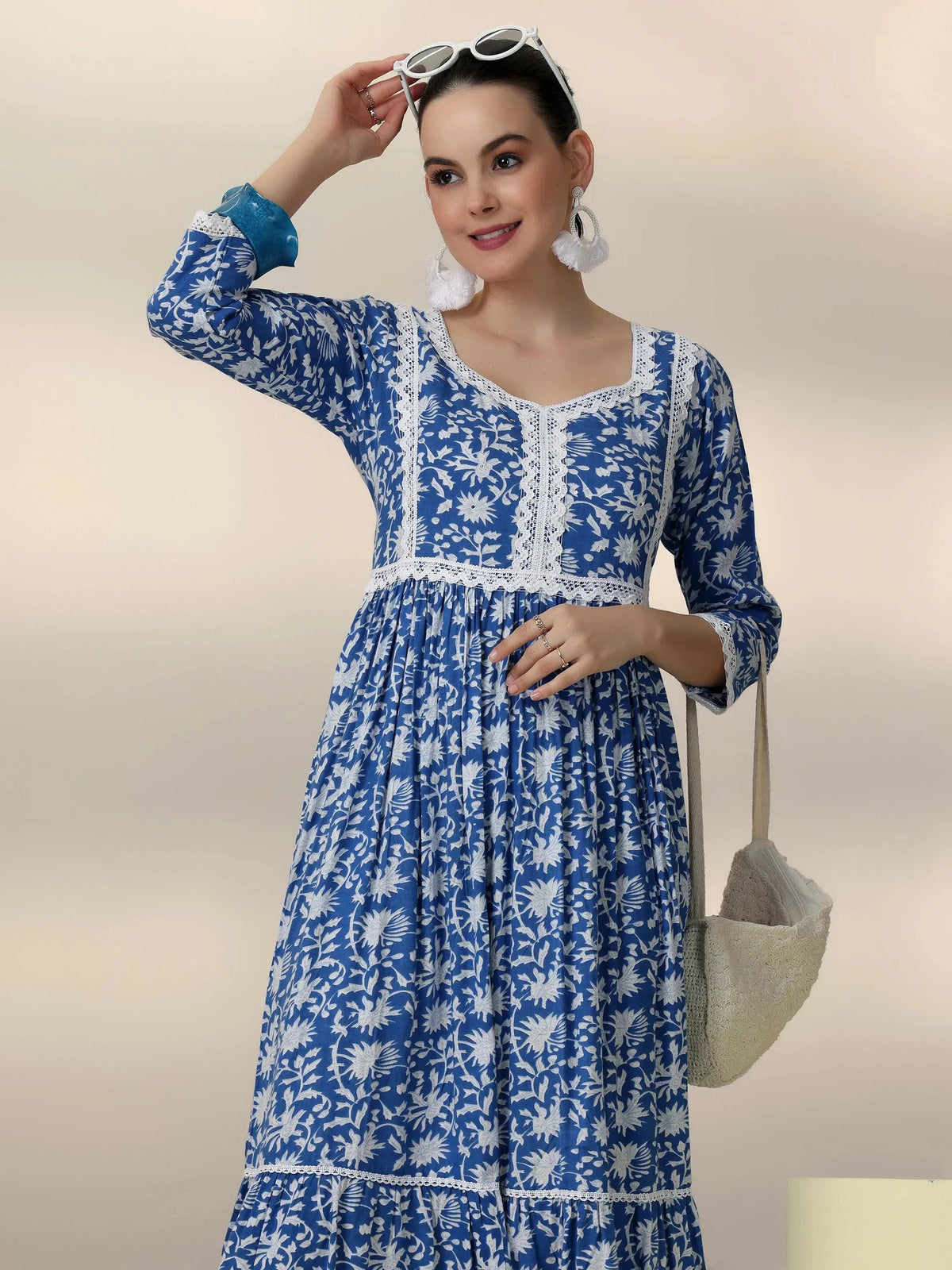 Anouk Indigo Printed Rayon Fit and Flare Dress