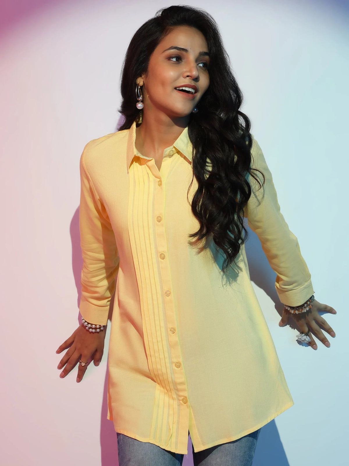 Anouk Yellow Solid Rayon Straight Kurti