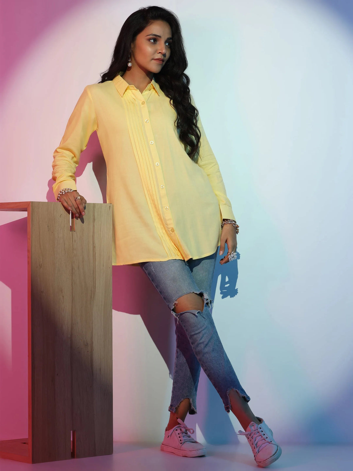 Anouk Yellow Solid Rayon Straight Kurti