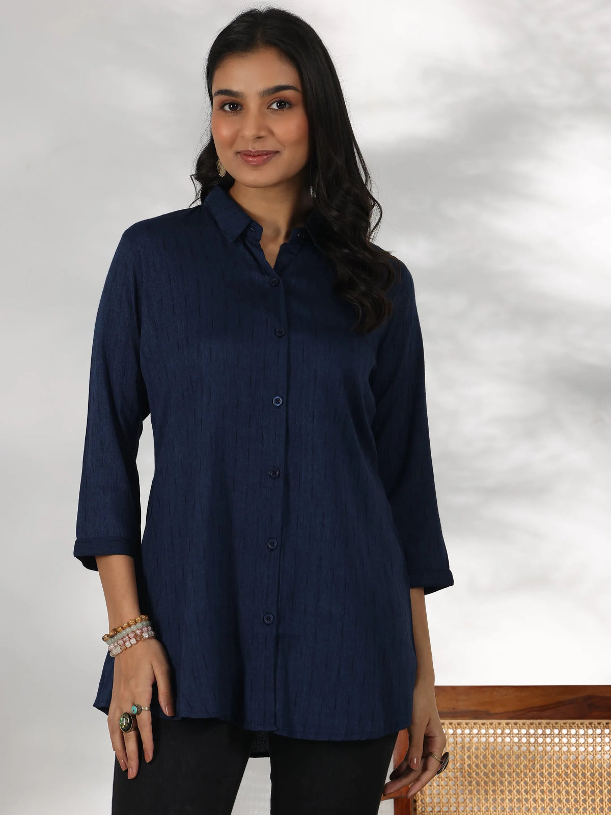 Anouk Blue Self Design Rayon Straight Tunic