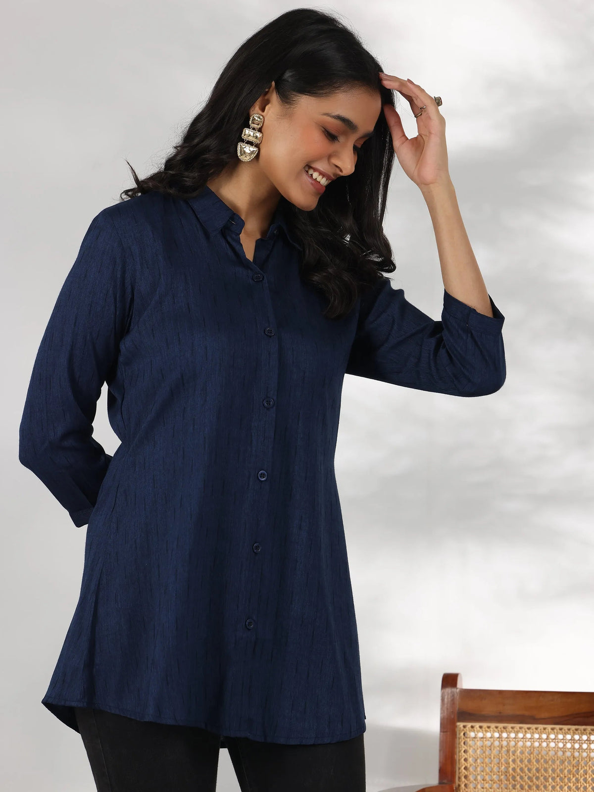 Anouk Blue Self Design Rayon Straight Tunic