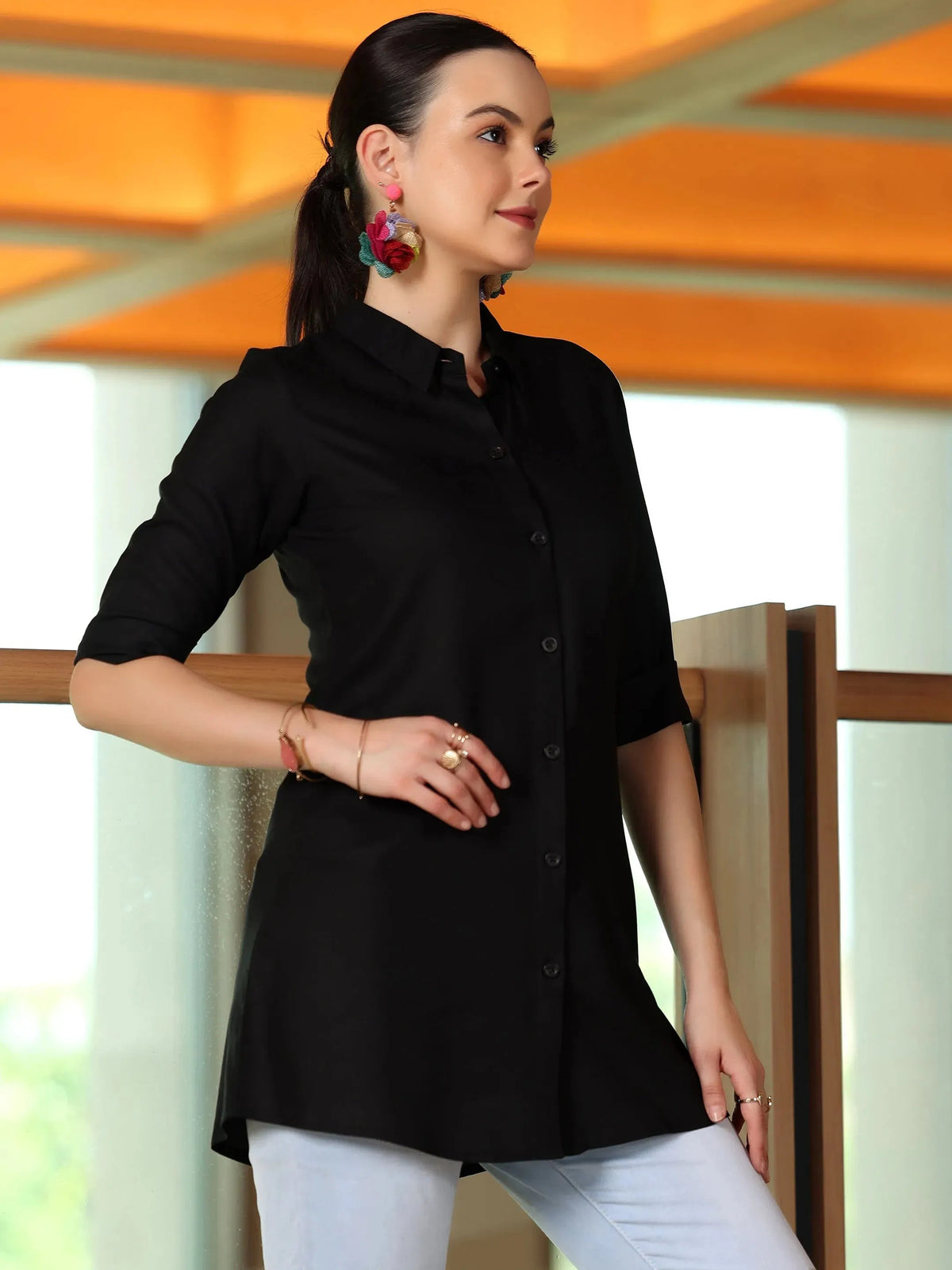 Anouk Black Solid Rayon A-Line Kurti