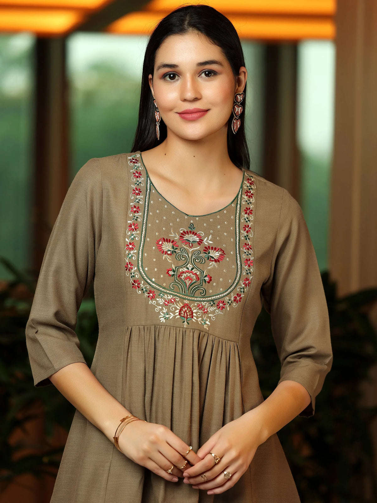 Anouk Brown Yoke Design Cotton Blend A-Line Kurti