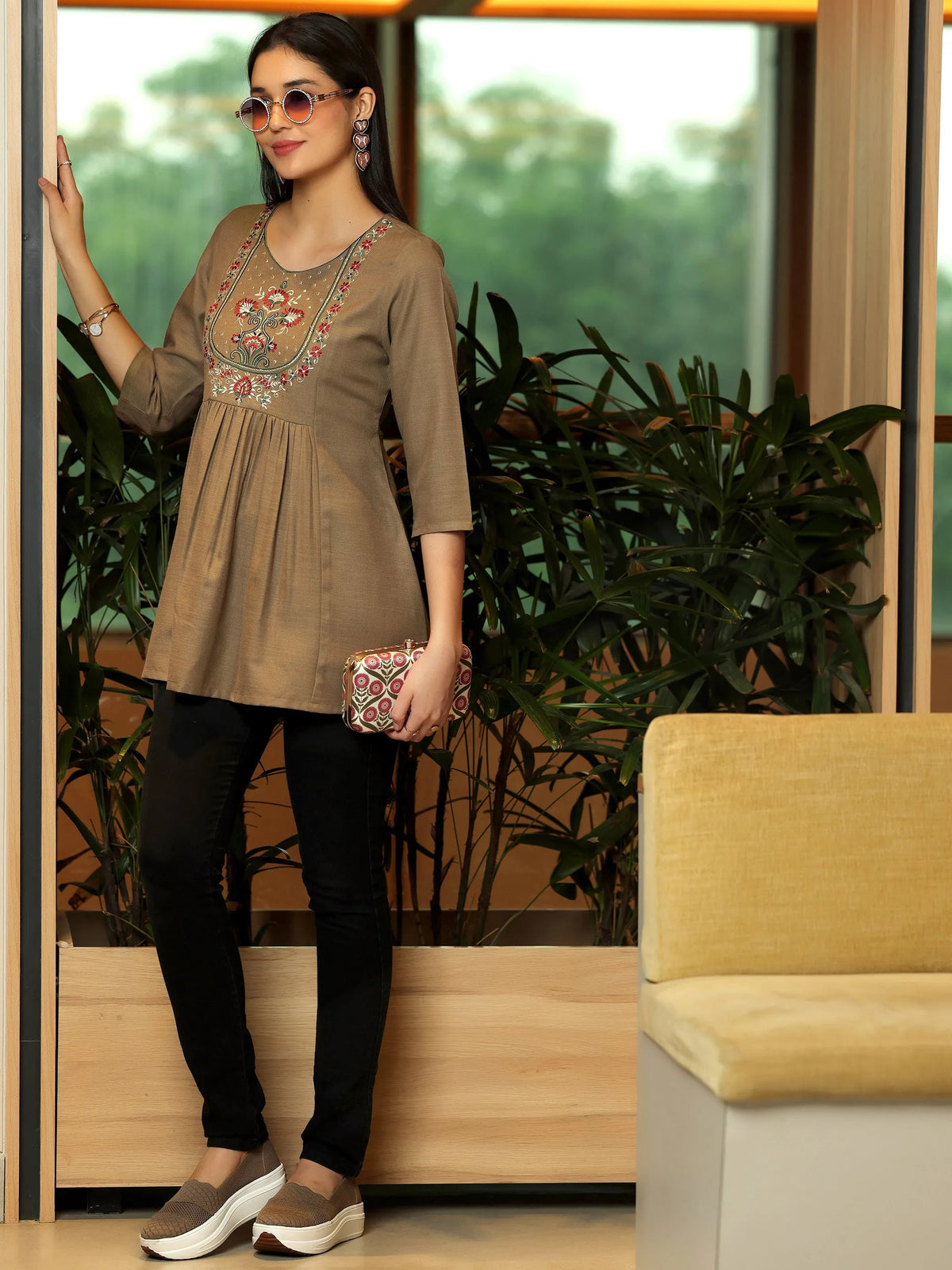 Anouk Brown Yoke Design Cotton Blend A-Line Kurti