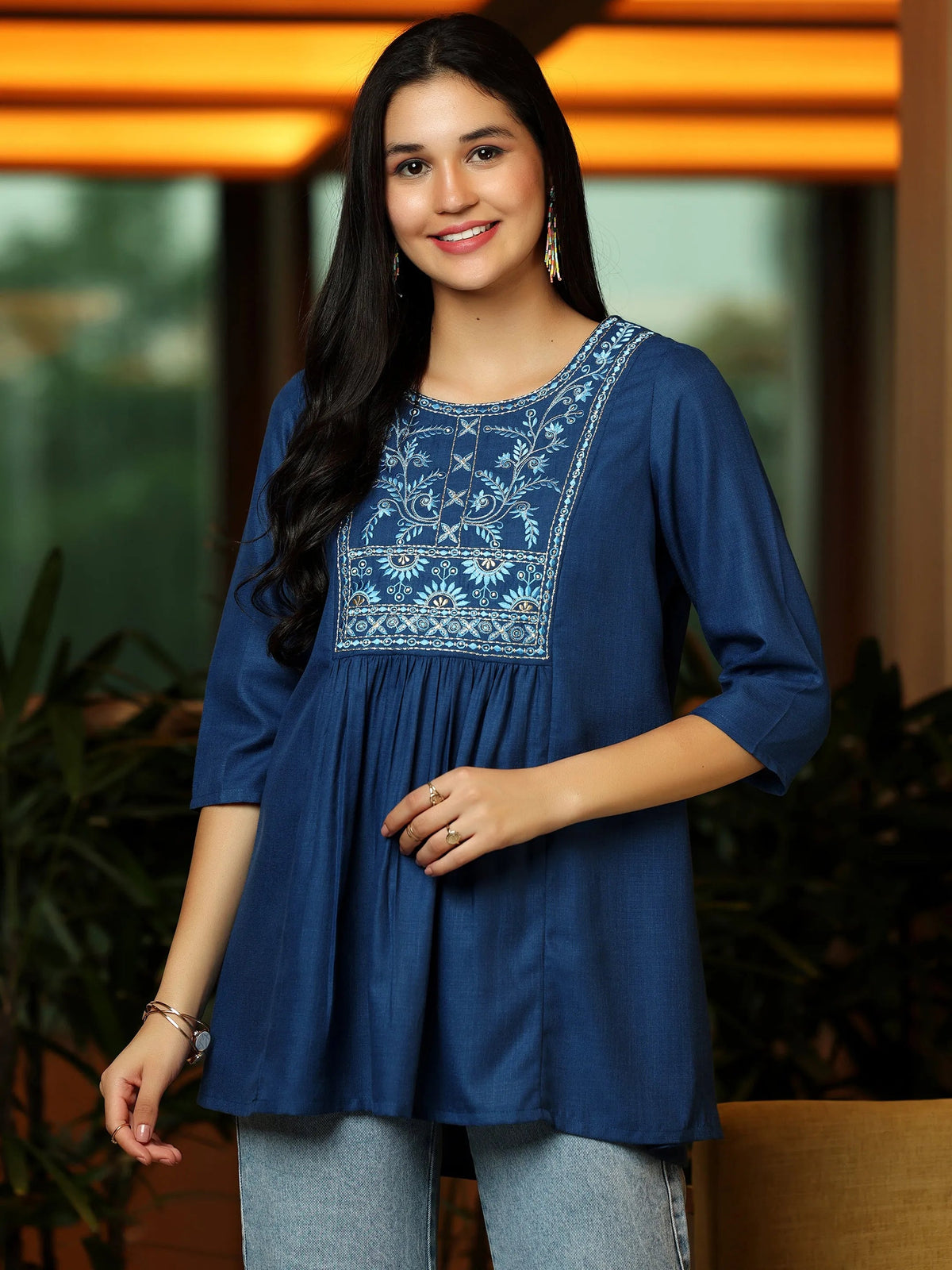 Anouk Blue Yoke Design Cotton Blend A-Line Kurti