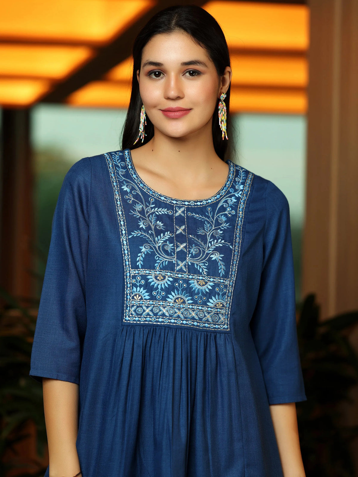 Anouk Blue Yoke Design Cotton Blend A-Line Kurti