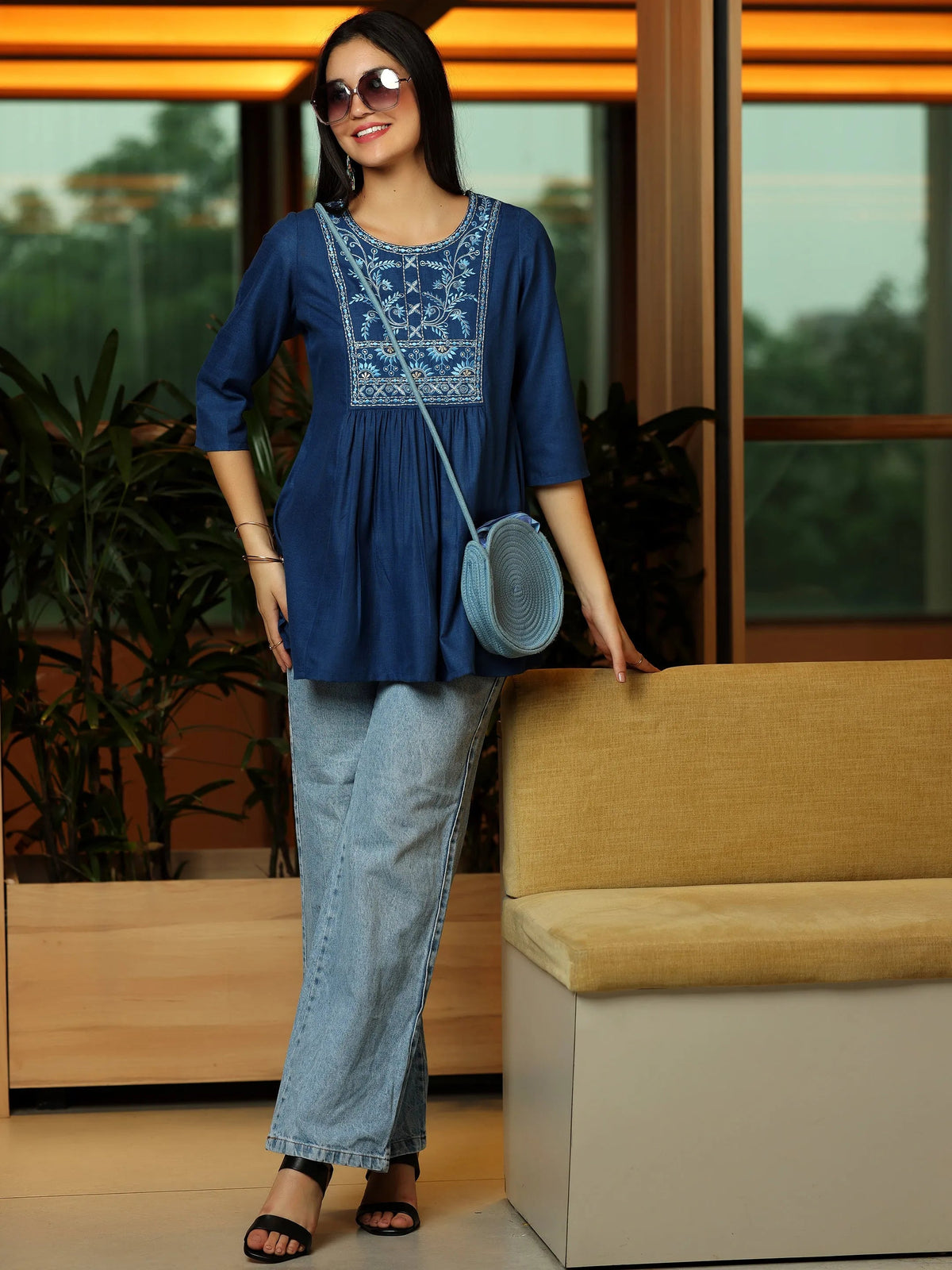 Anouk Blue Yoke Design Cotton Blend A-Line Kurti