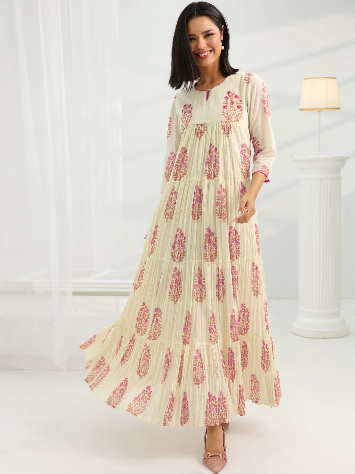 Anouk Off White Printed Cotton Pleated A-Line One Piece Dress