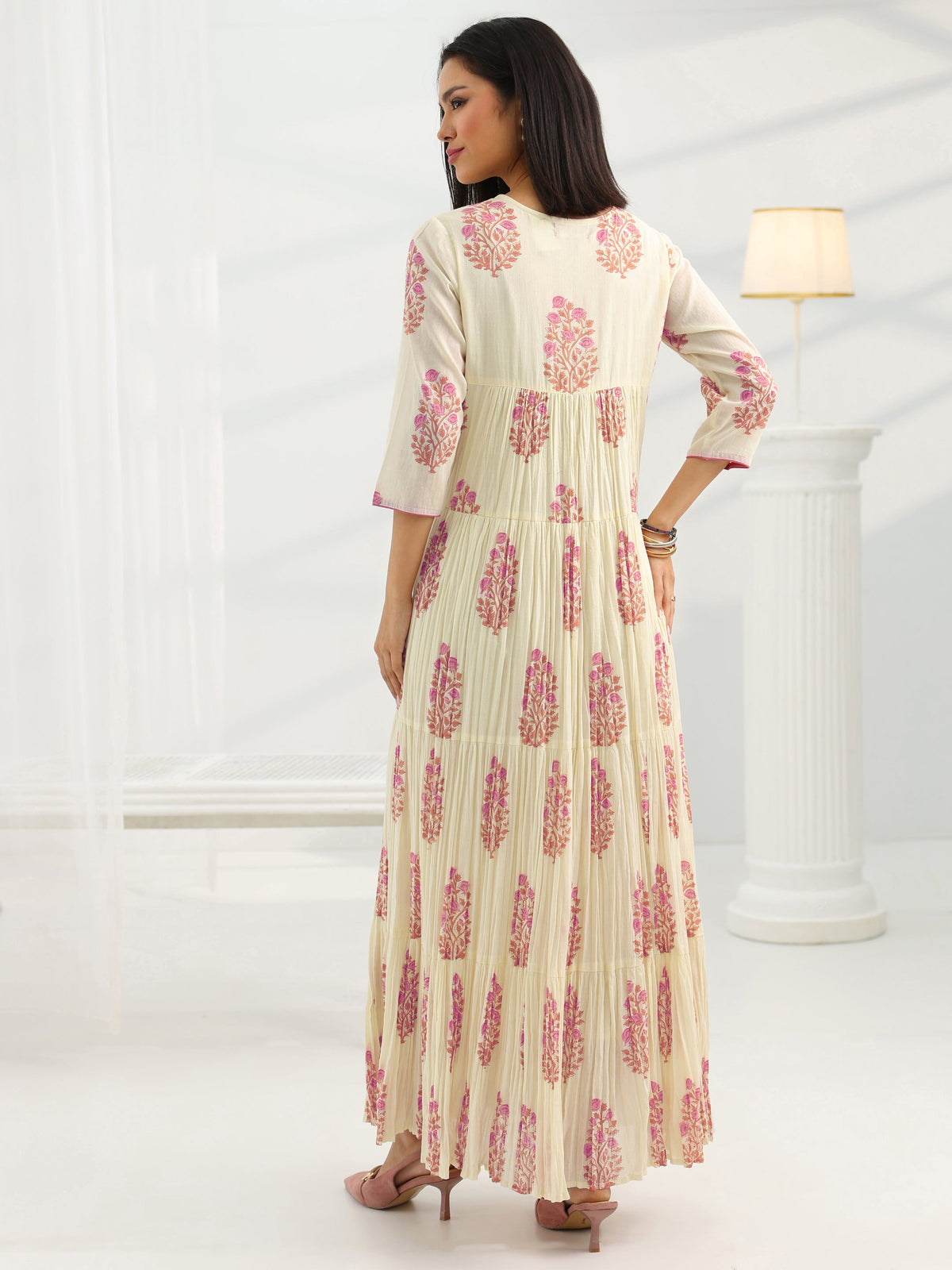 Anouk Off White Printed Cotton Pleated A-Line One Piece Dress