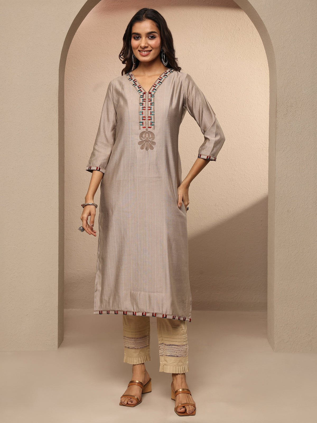 Anouk Taupe Embroidered Silk Blend Straight Kurta
