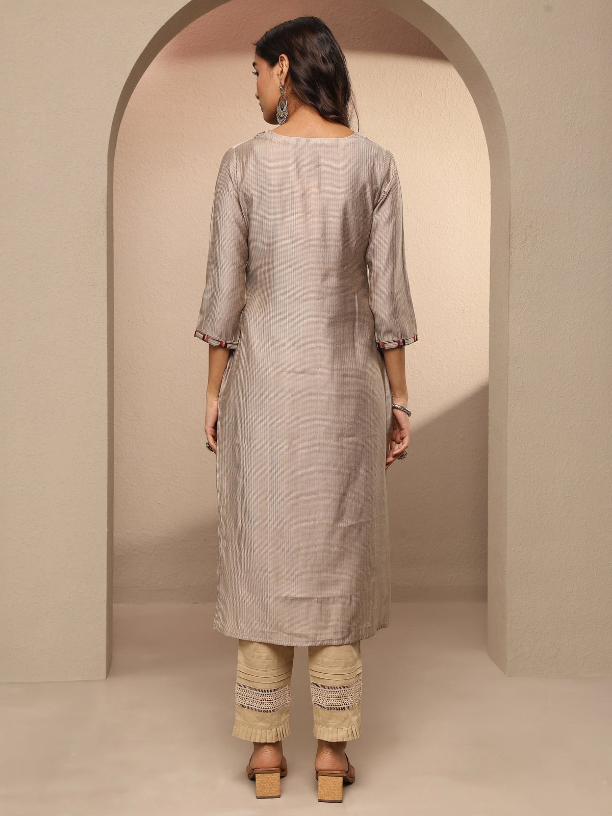 Anouk Taupe Embroidered Silk Blend Straight Kurta