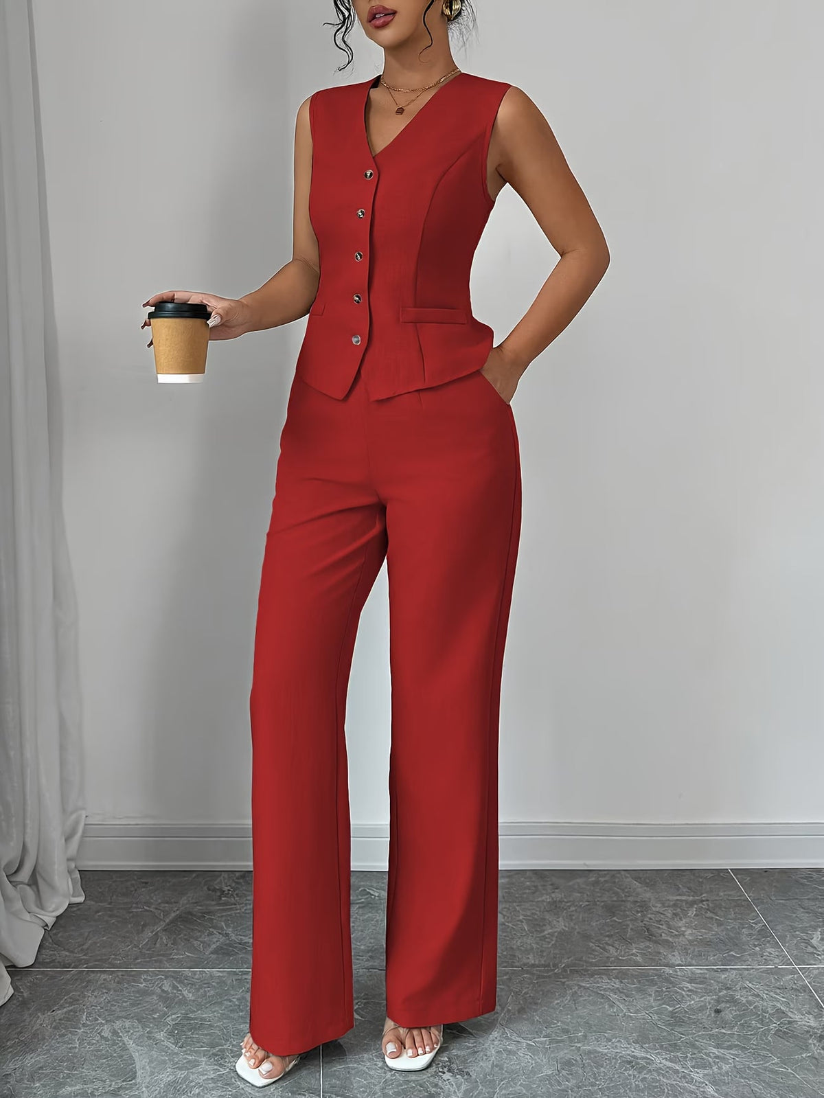 Women's Sleeveless Waist-Cinched Vest & Wide-Leg Pants Two-Piece Set