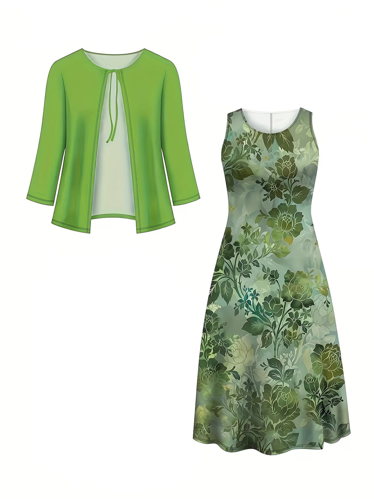 Women's Botanical Print Dress & Tie-Front Cardigan Two-Piece Set