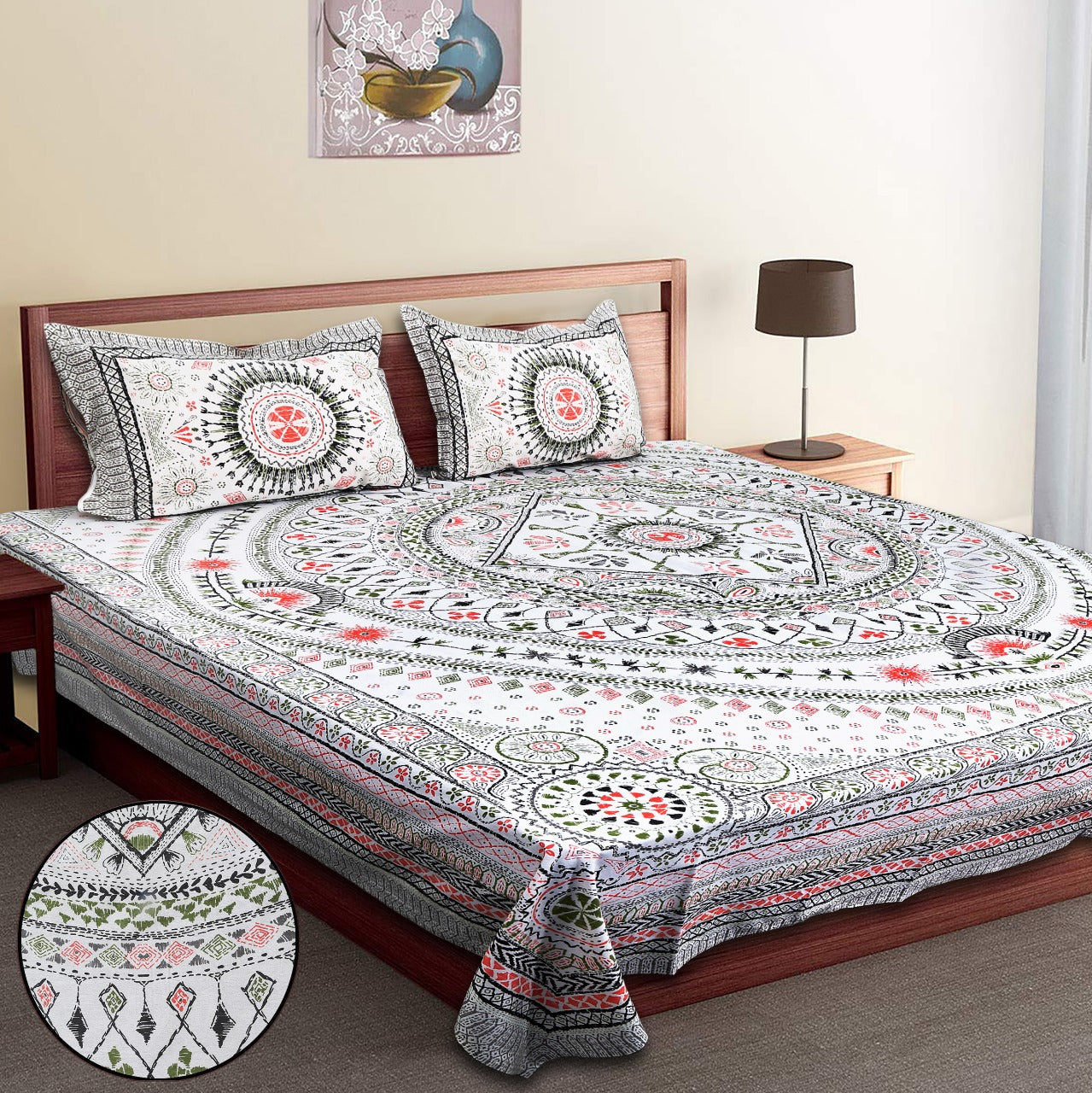 King-Size Bed Sheet Set with 2 Pillow Covers (Cotton Autoloom Fabric)