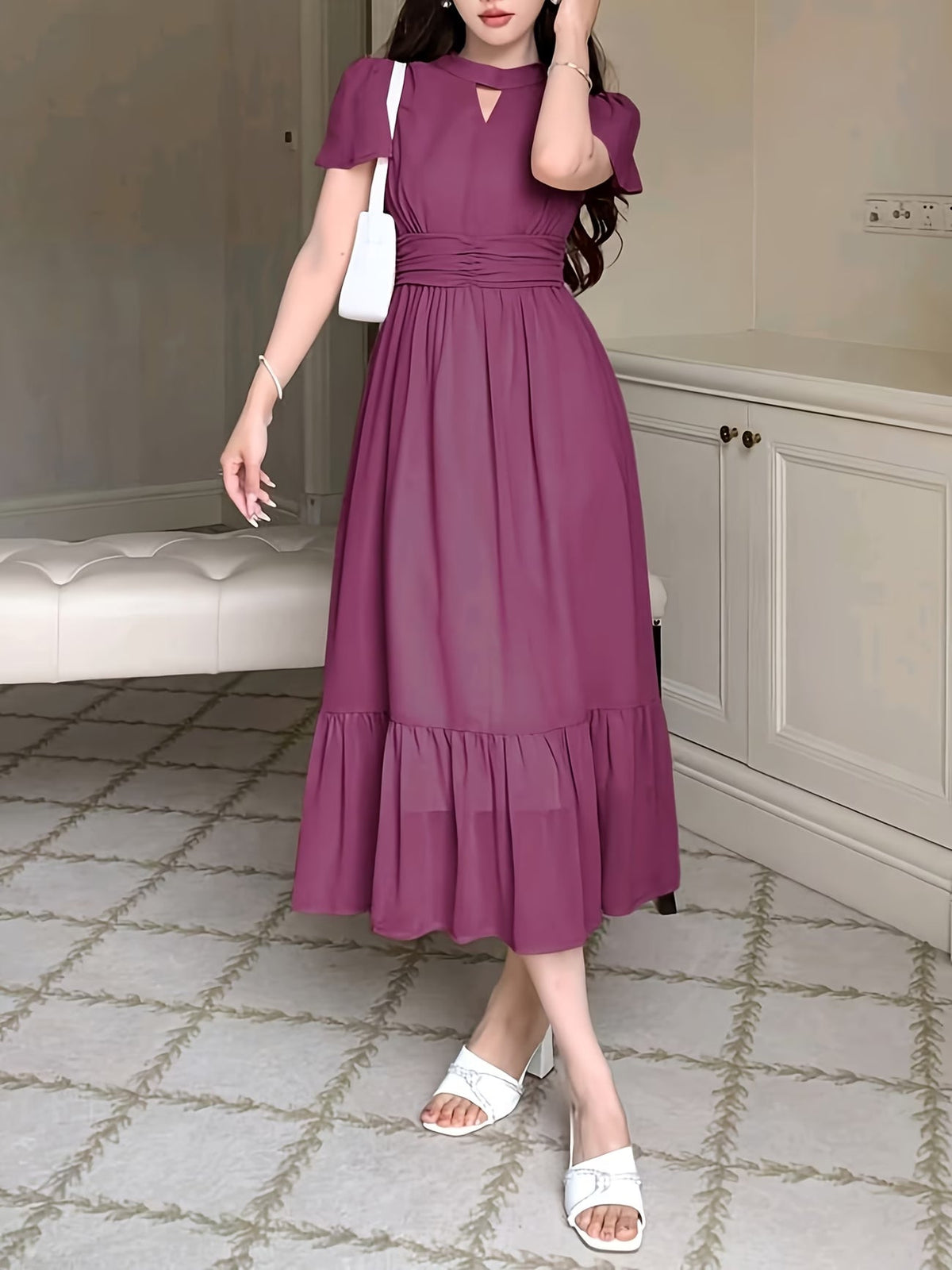 Women's Elegant Pleated Waist Ruffle Hem Maxi Dress
