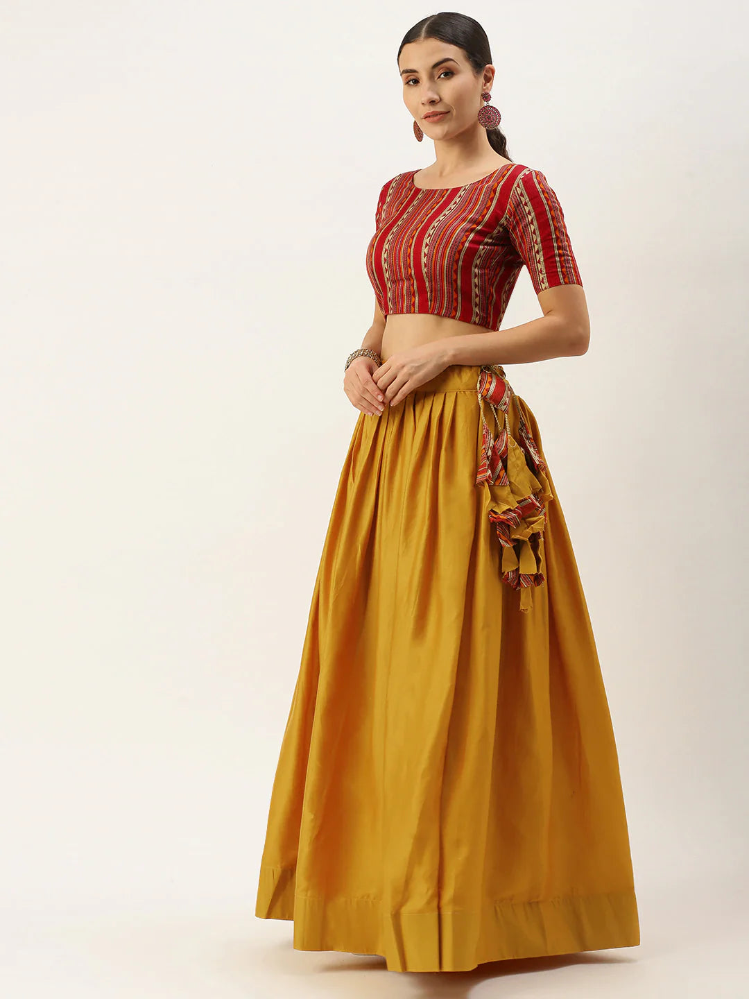 Mustard and multicoloured printed lehenga choli