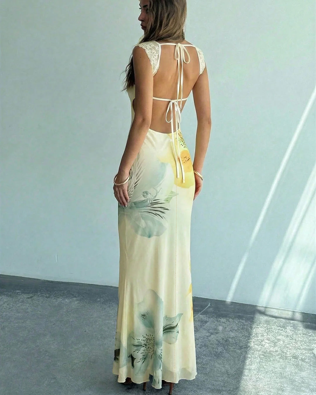 Floral Lace Trim Maxi Dress in Vanilla