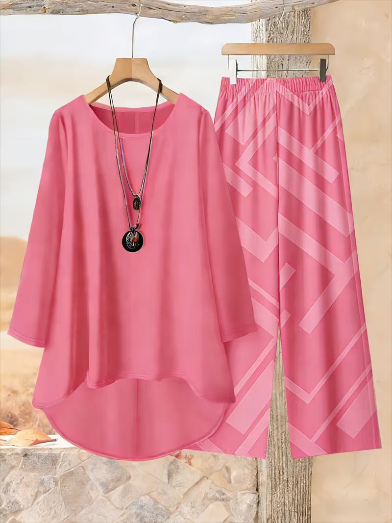 Plus Size Women’s Loose Net Color Top & Printed Pants Set – 2pcs Casual Outfit