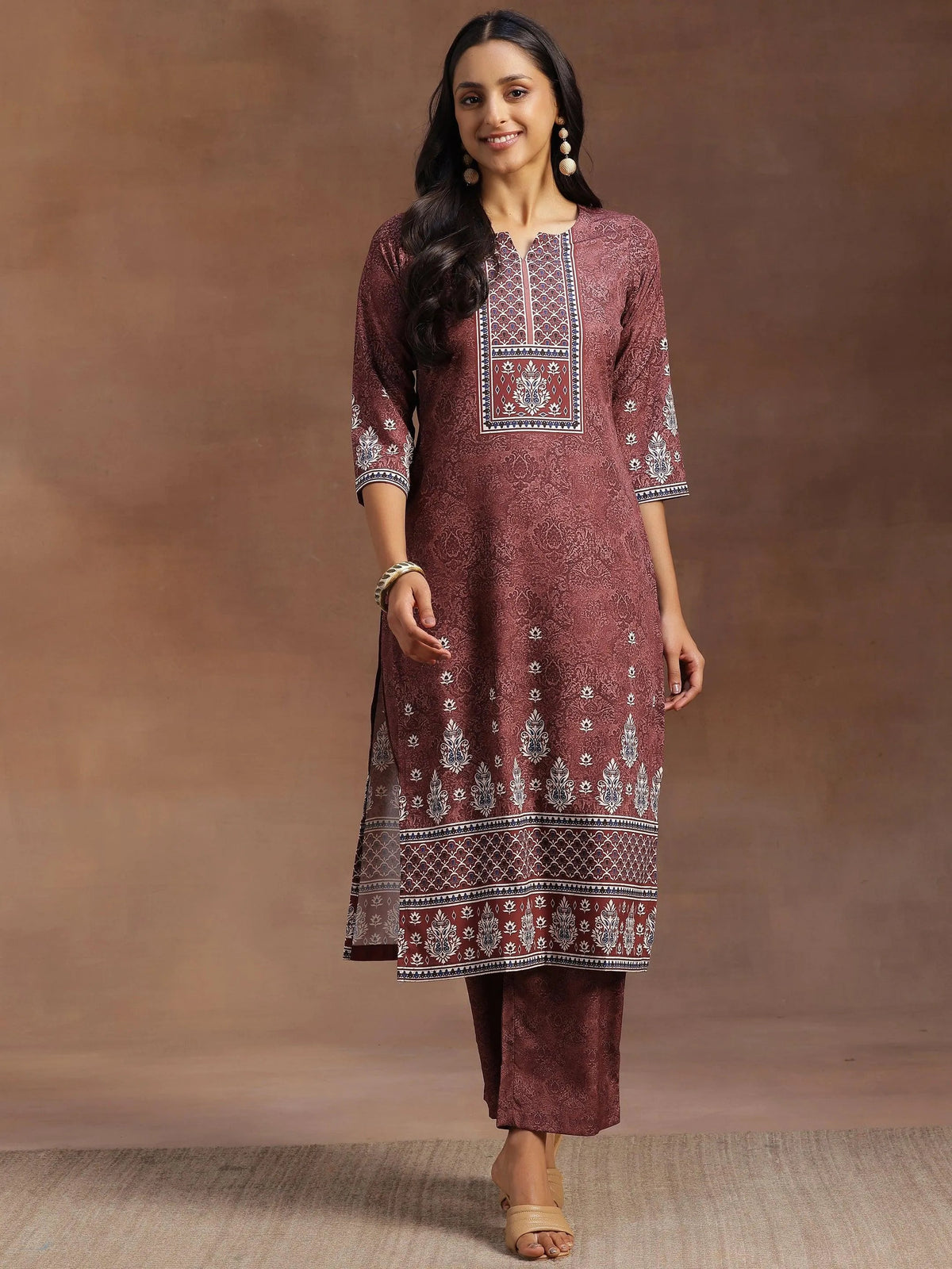 Anouk Brown Printed Poly Crepe Straight Kurta With Trousers