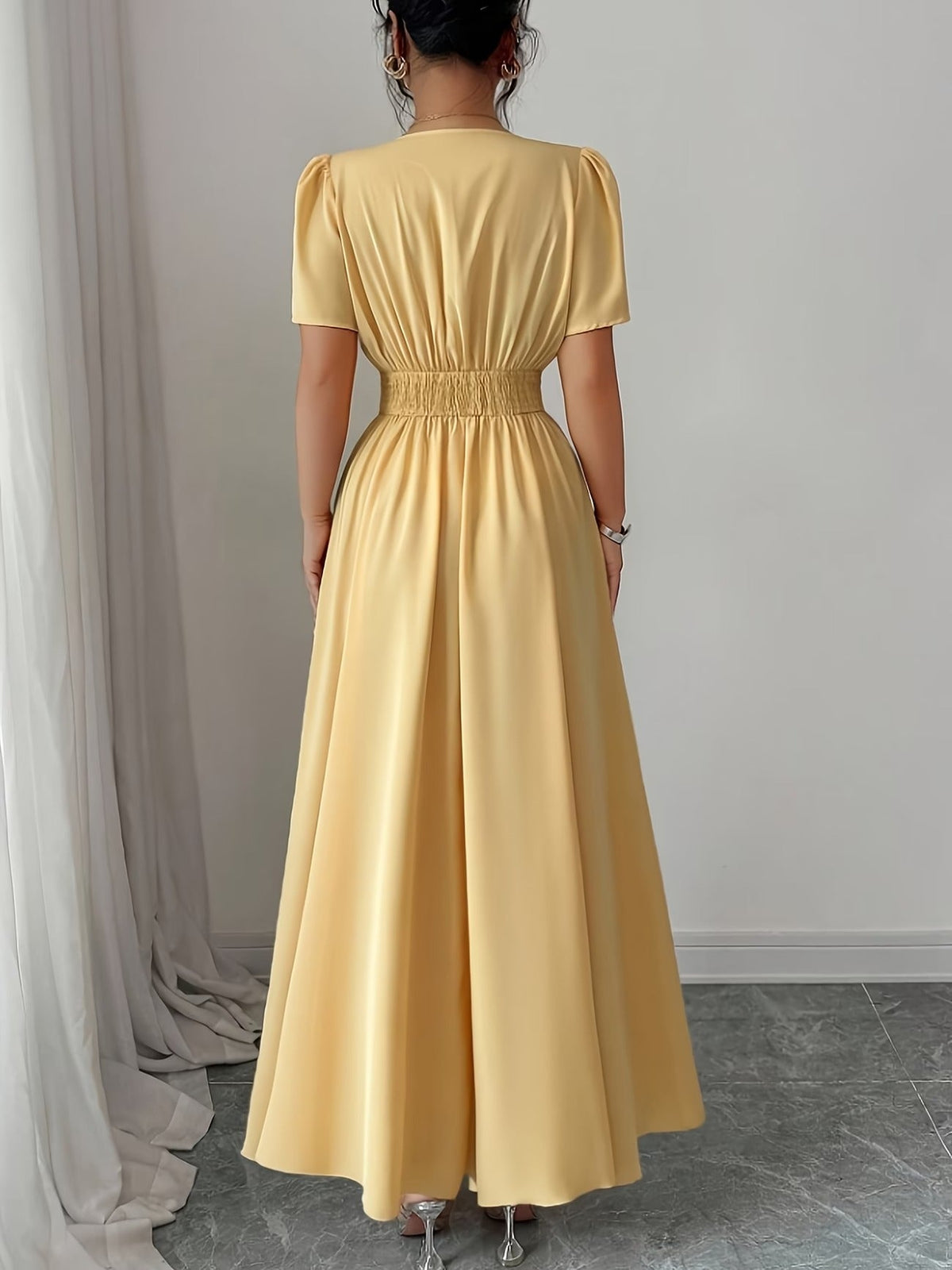 Elegant Waist Button Detail Dress – Chic Casual Everyday Outfit for Women