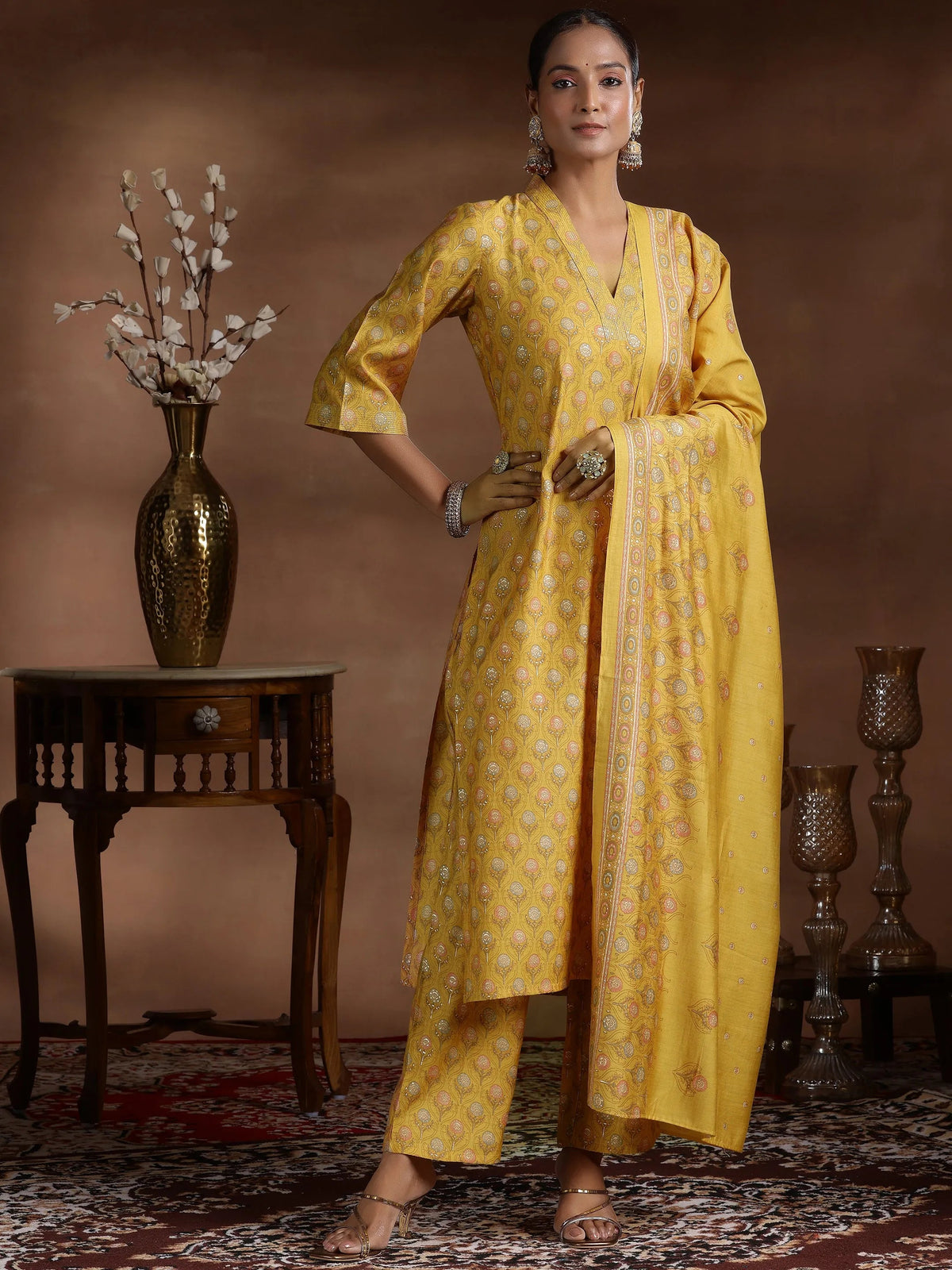 Anouk Mustard Printed Silk Blend Straight Suit With Dupatta