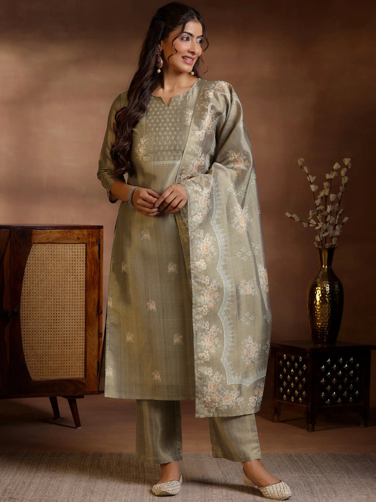 Anouk Brown Printed Silk Straight Suit With Dupatta