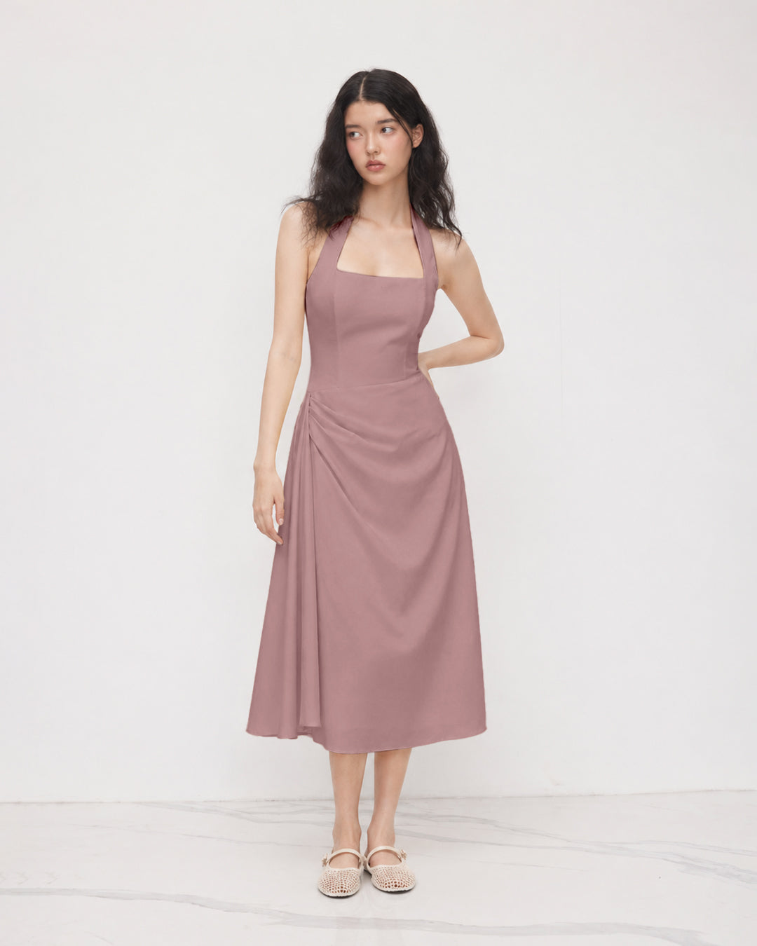 Halter Neck Fit and Flare A-Line Hem Sleeveless Midi Dress in Dusty Pink