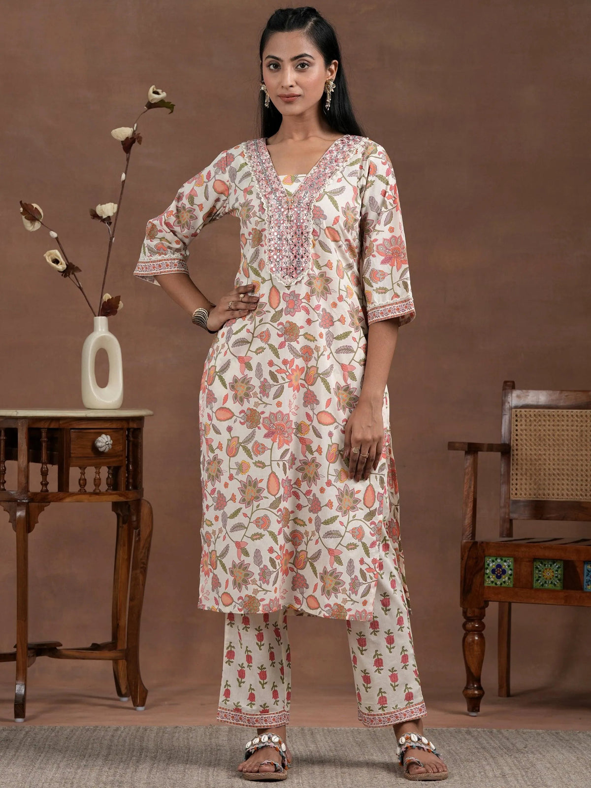 Anouk Off White Printed Cotton Straight Kurta Set