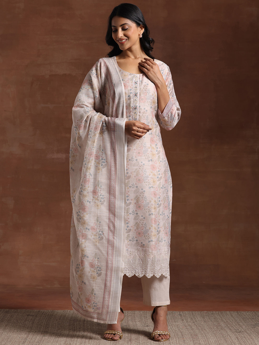 Anouk Beige Printed Chanderi Silk Straight Suit With Dupatta