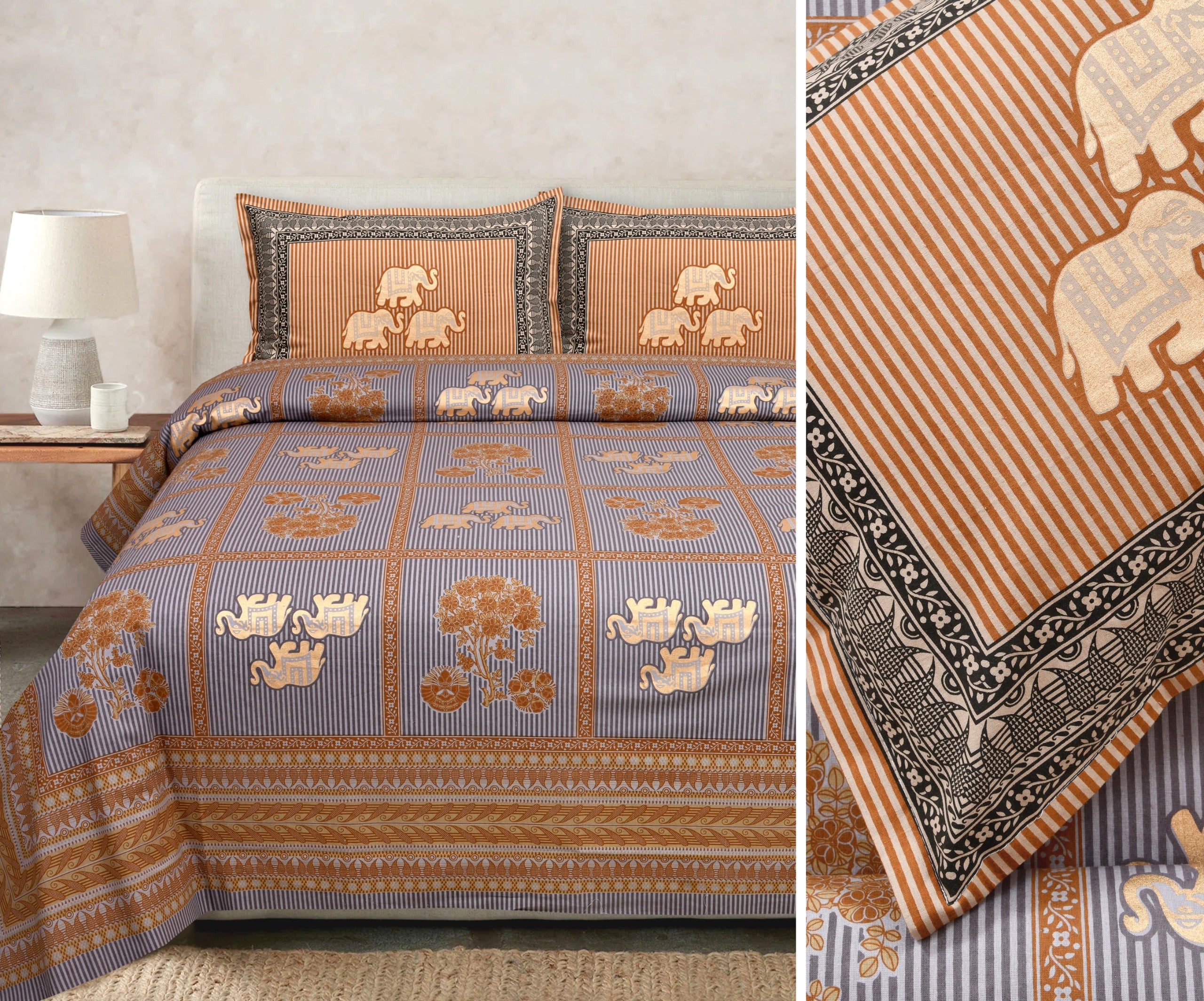 Gold Printed Cotton Bedsheet Set with Coordinating Pillow Covers
