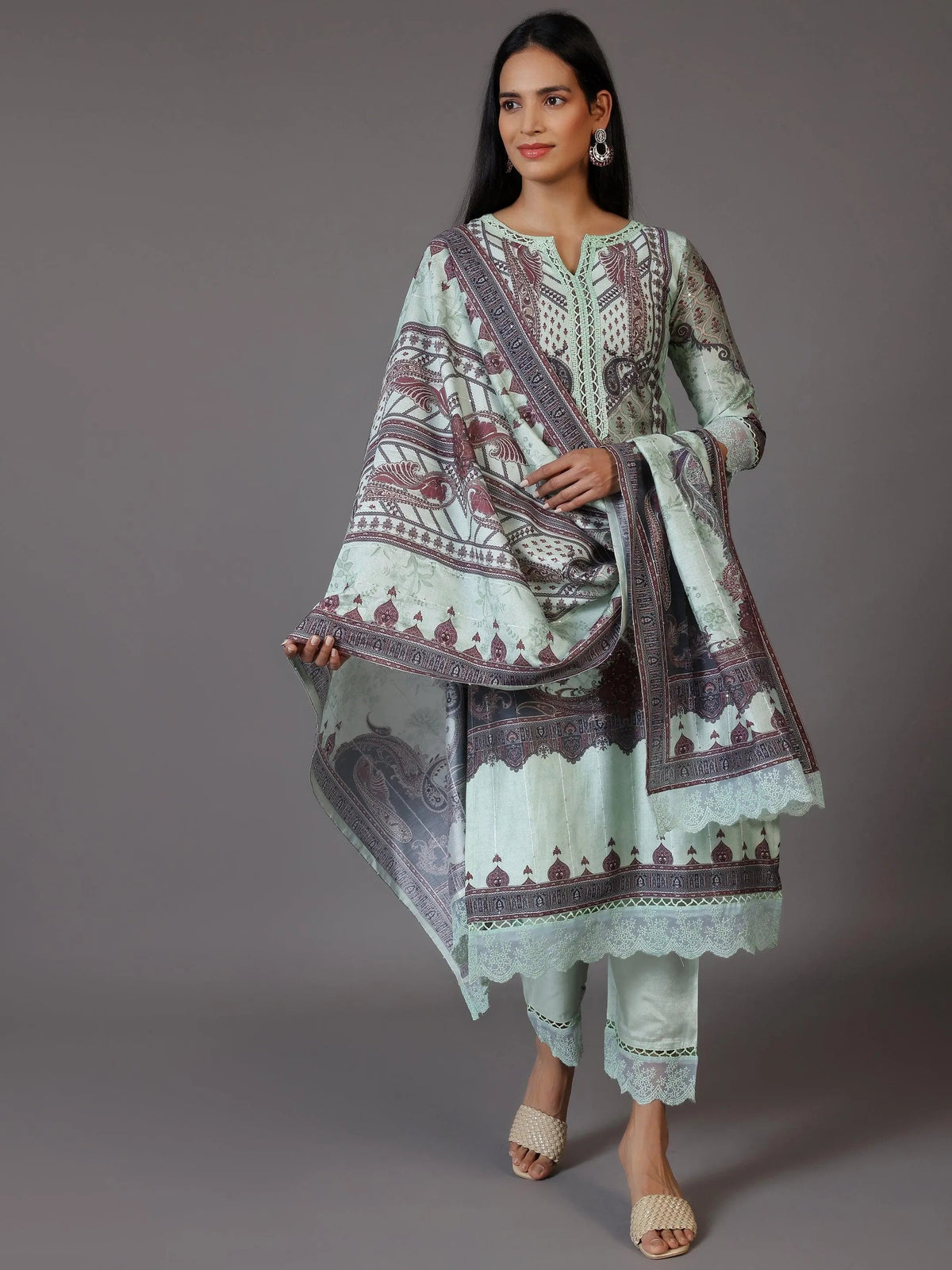 Anouk Green Printed Silk Blend Pakistani Suit