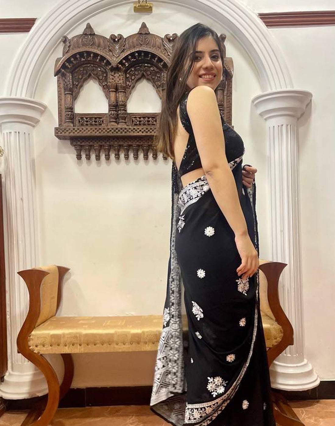 Black Georgette Saree with Beautiful Lucknowi Work and Silk Blouse for Wedding