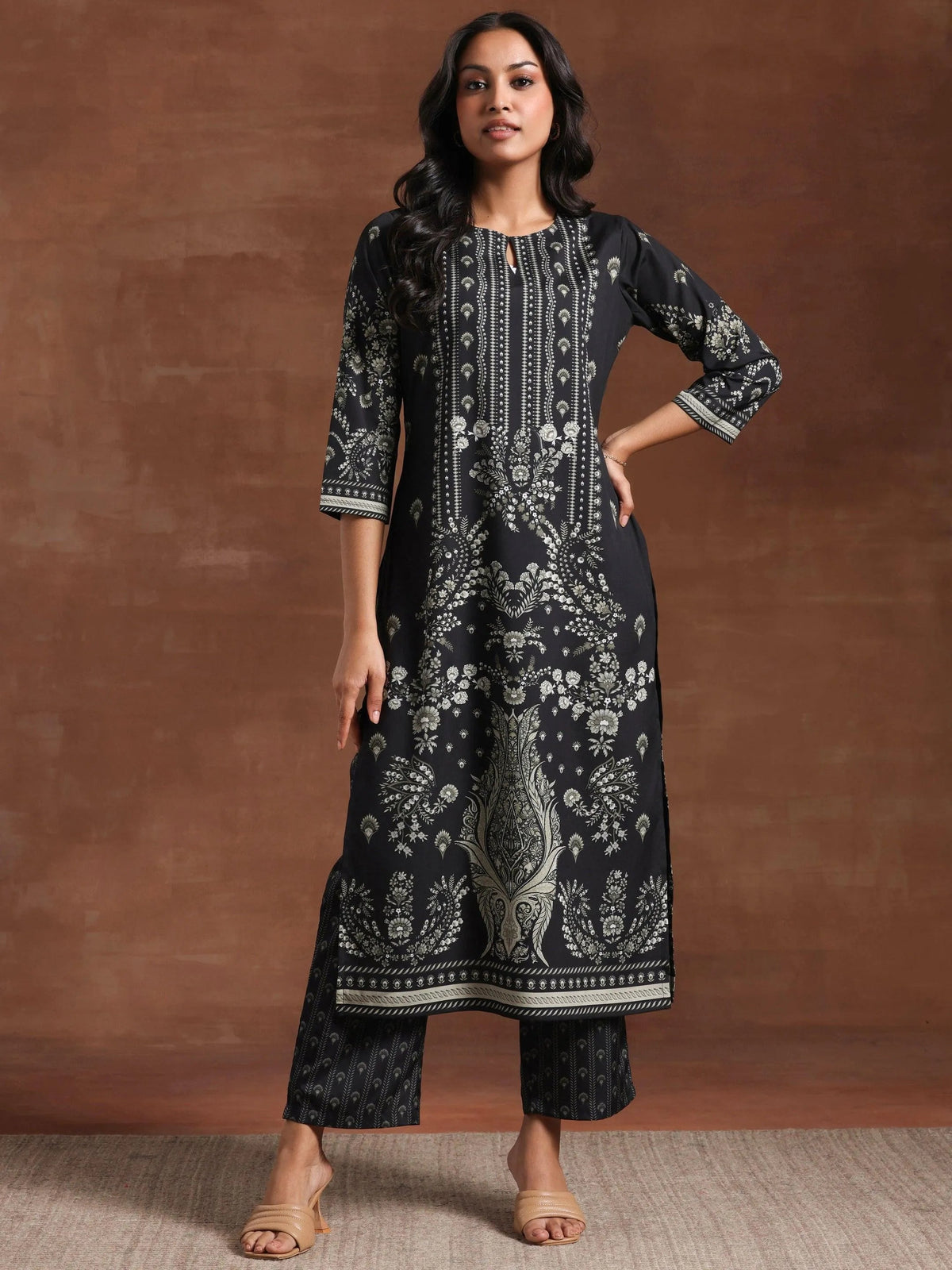 Anouk Black Printed Crepe Straight Kurta Set