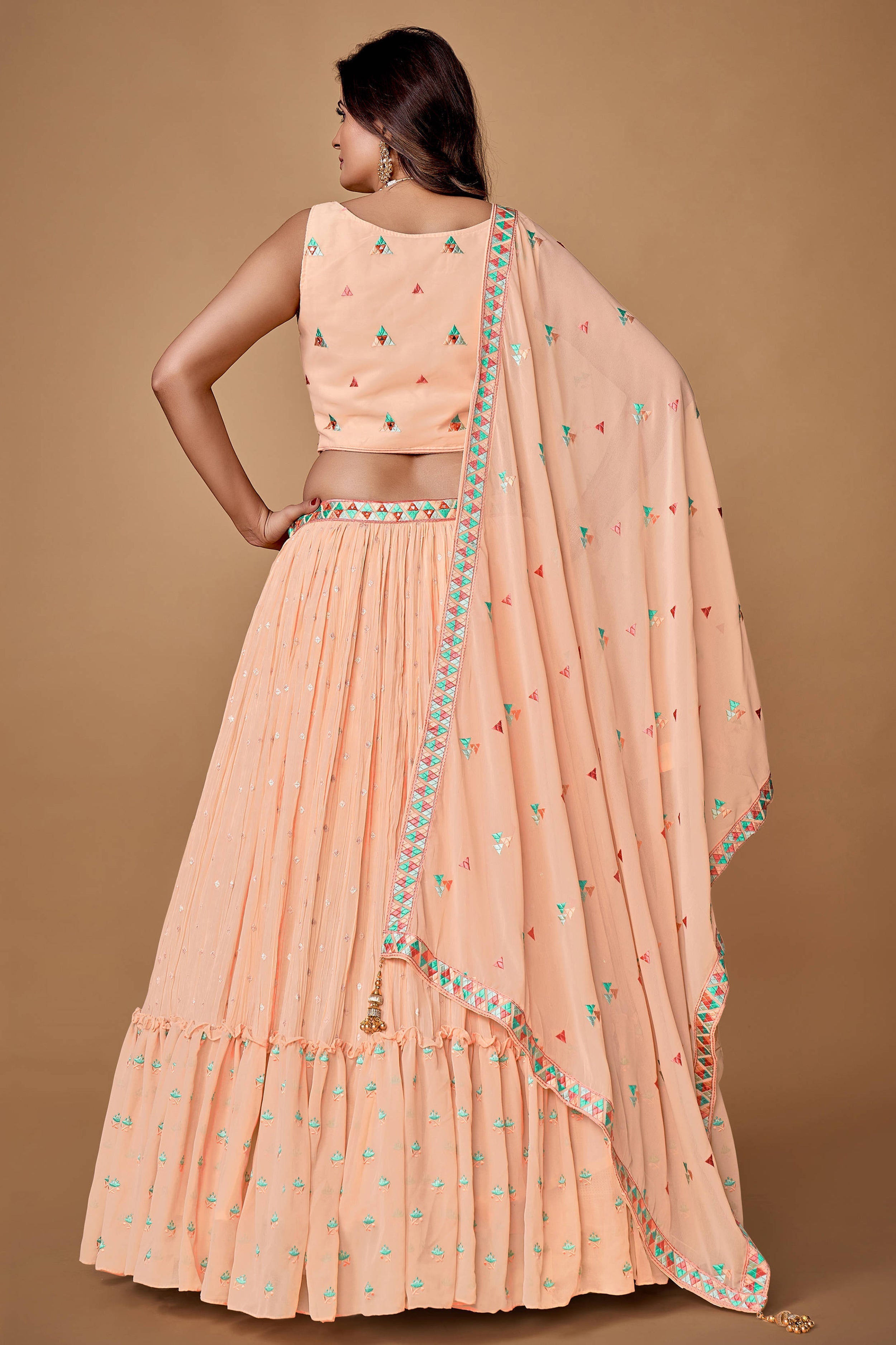Peach Thread Work Georgette Reception Wear Lehenga Choli