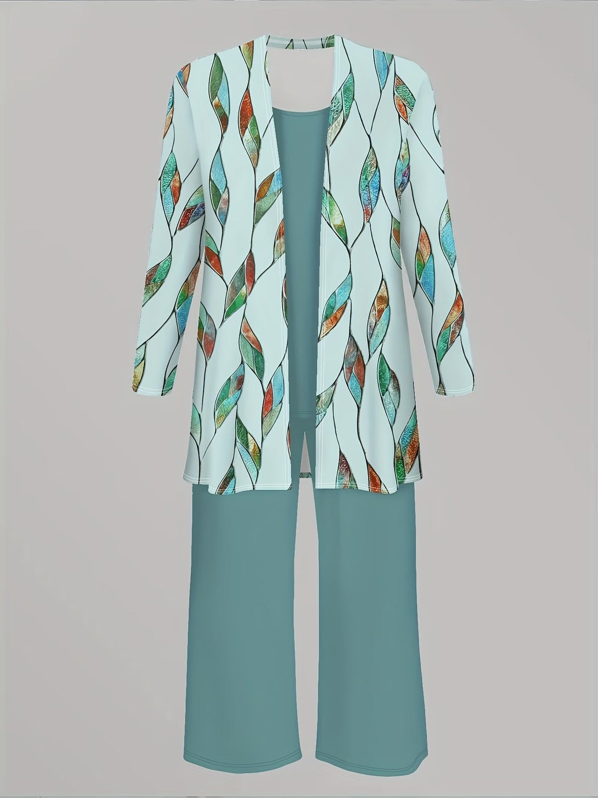 Women’s Stylish 3-Piece Set – Solid Cardigan, Casual Vest & Printed Palazzo Pants