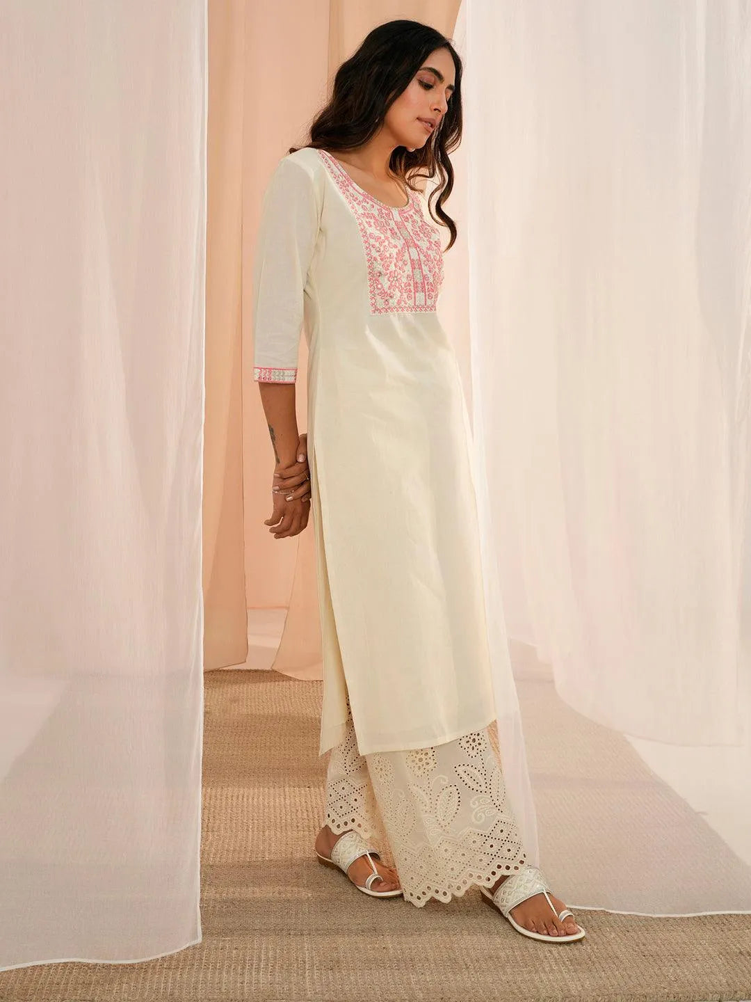 Anouk Off White Embroidered Cotton Wide Leg Palazzos