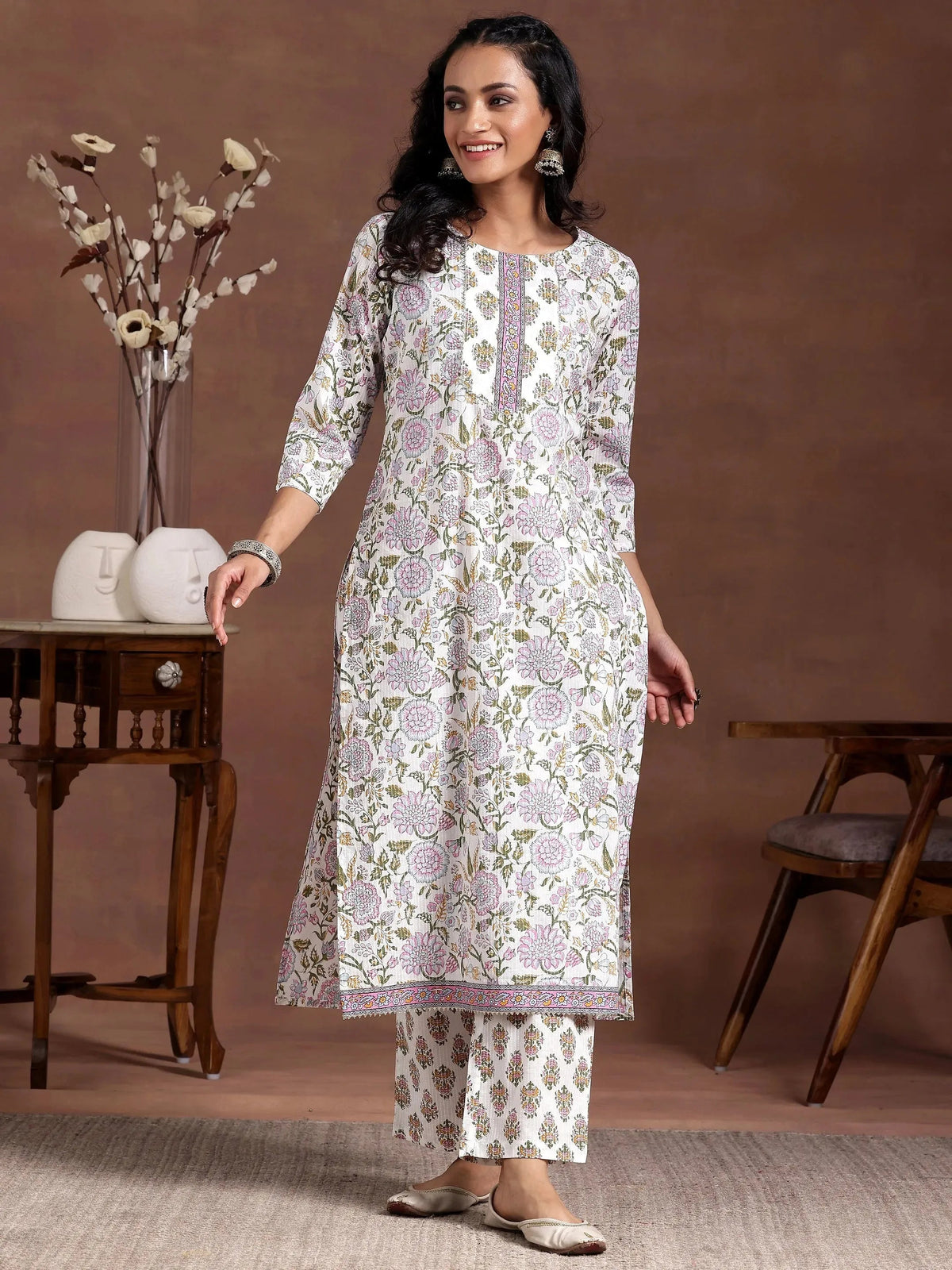 Anouk Off White Printed Cotton Straight Kurta Set