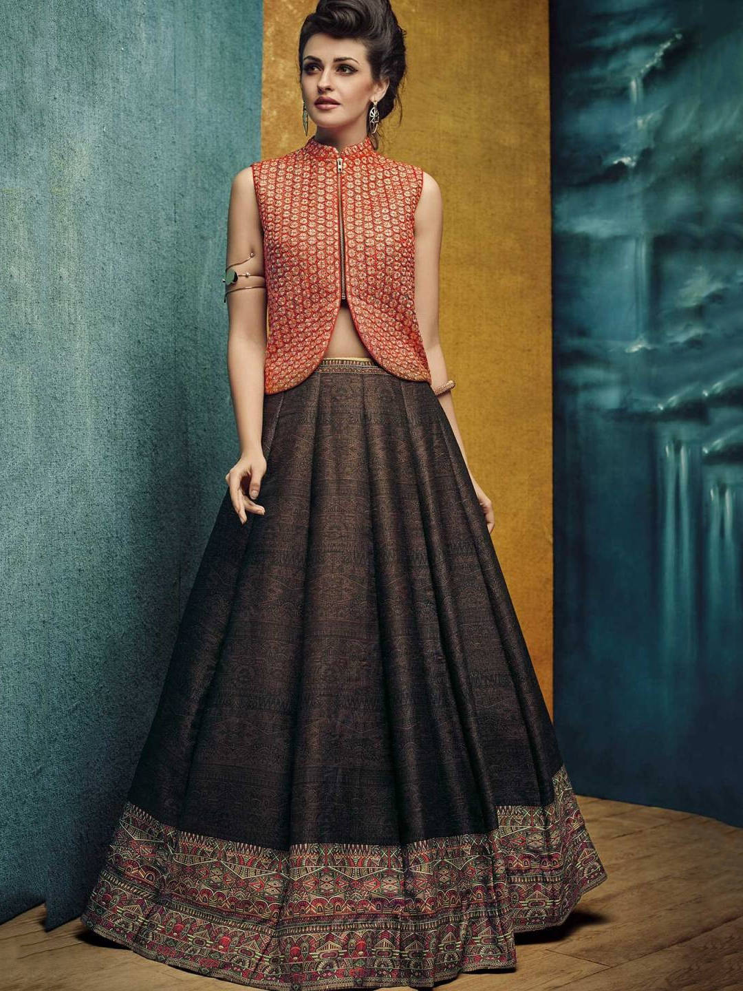Brown and Orange Color Designer Partywear Lehenga Choli