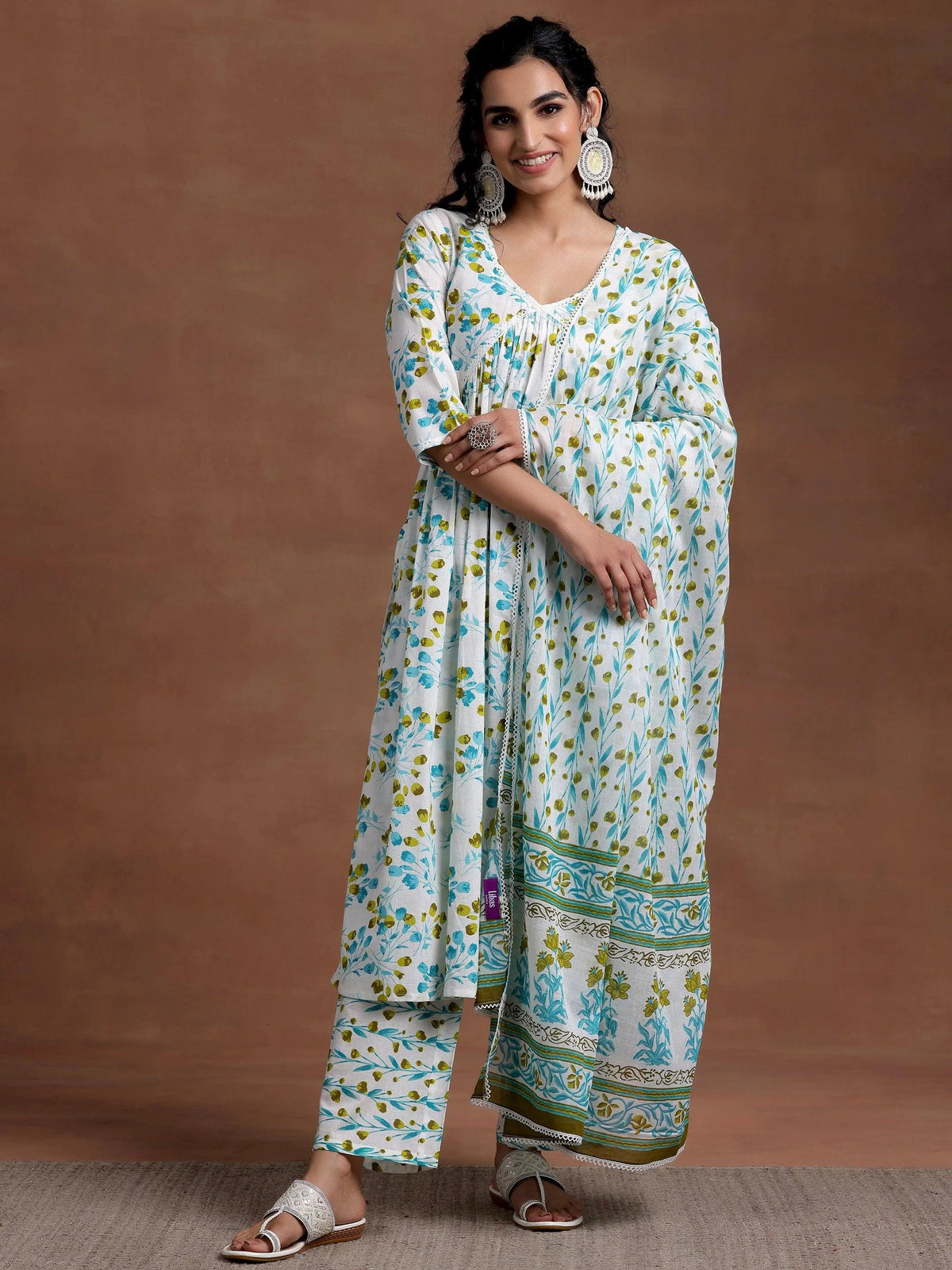 Anouk Off White Printed Cotton A-Line Kurta With Palazzos & Dupatta