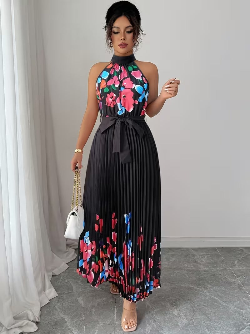 Elegant Floral Halter Neck Pleated Dress – Stylish & Comfortable Summer Outfit for Women
